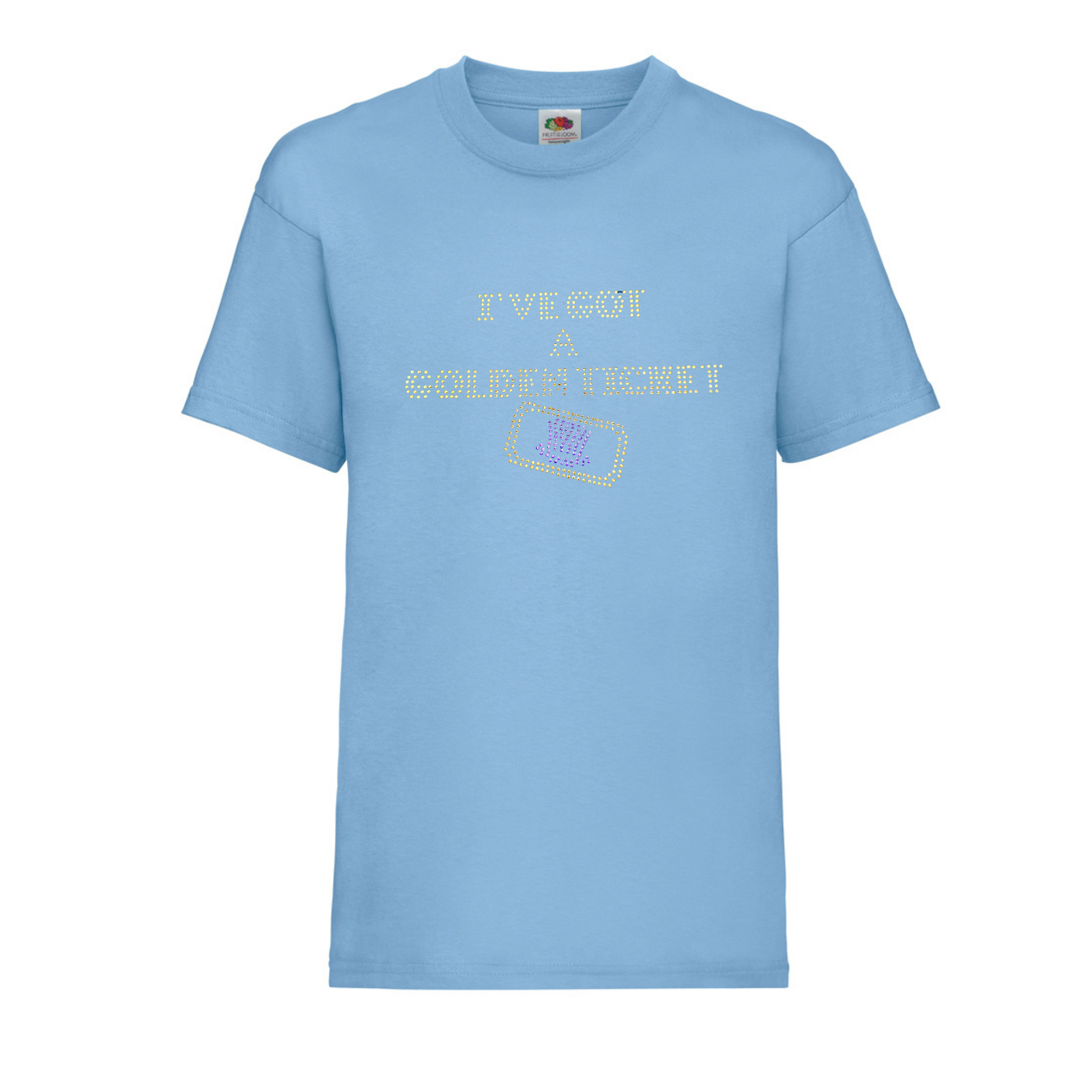 Pale blue short sleeve kids t shirt on the front, I've got a golden ticket lettering, set just below this is the outline of a golden ticket with purple wonka inspired hat set in the middle of the ticket.
