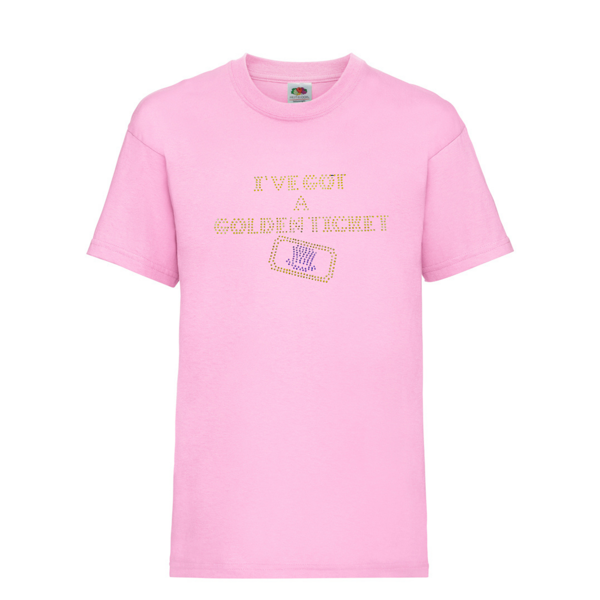 Pink short sleeve kids t shirt on the front, I've got a golden ticket lettering, set just below this is the outline of a golden ticket with purple wonka inspired hat set in the middle of the ticket.
