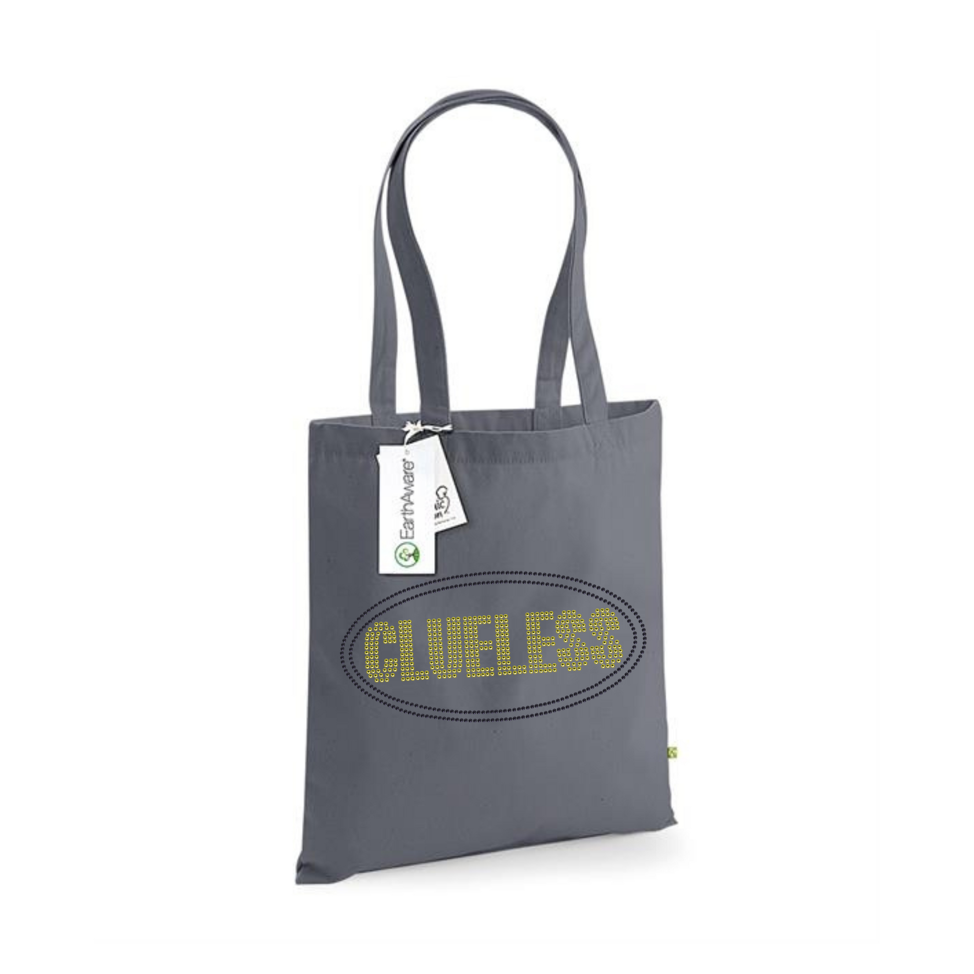 Dark grey cotton tote bag with long handles,  with bright yellow clueless writing in a block font, around the lettering is a black oval outline. The design is made up of sparkling rhinestones.
Design is placed on the front of the bag