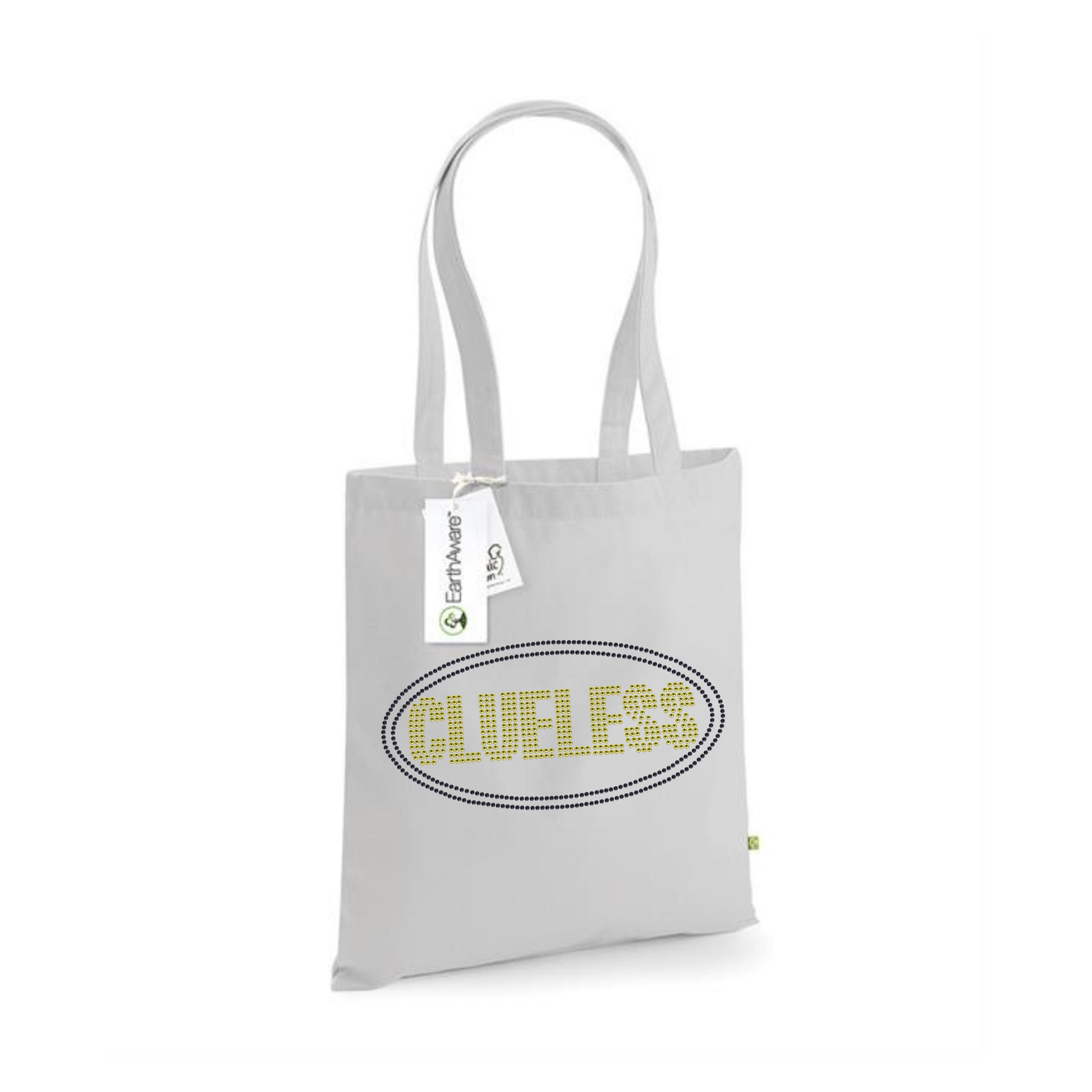 Light grey cotton tote bag with long handles,  with bright yellow clueless writing in a block font, around the lettering is a black oval outline. The design is made up of sparkling rhinestones.
Design is placed on the front of the bag