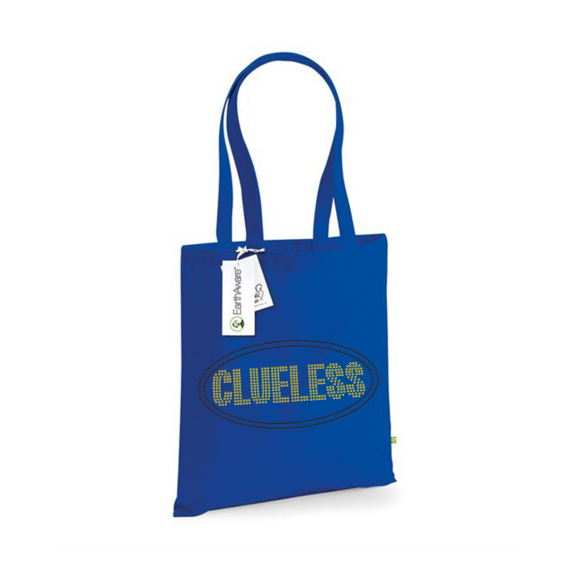 Royal blue cotton tote bag with long handles,  with bright yellow clueless writing in a block font, around the lettering is a black oval outline. The design is made up of sparkling rhinestones.
Design is placed on the front of the bag