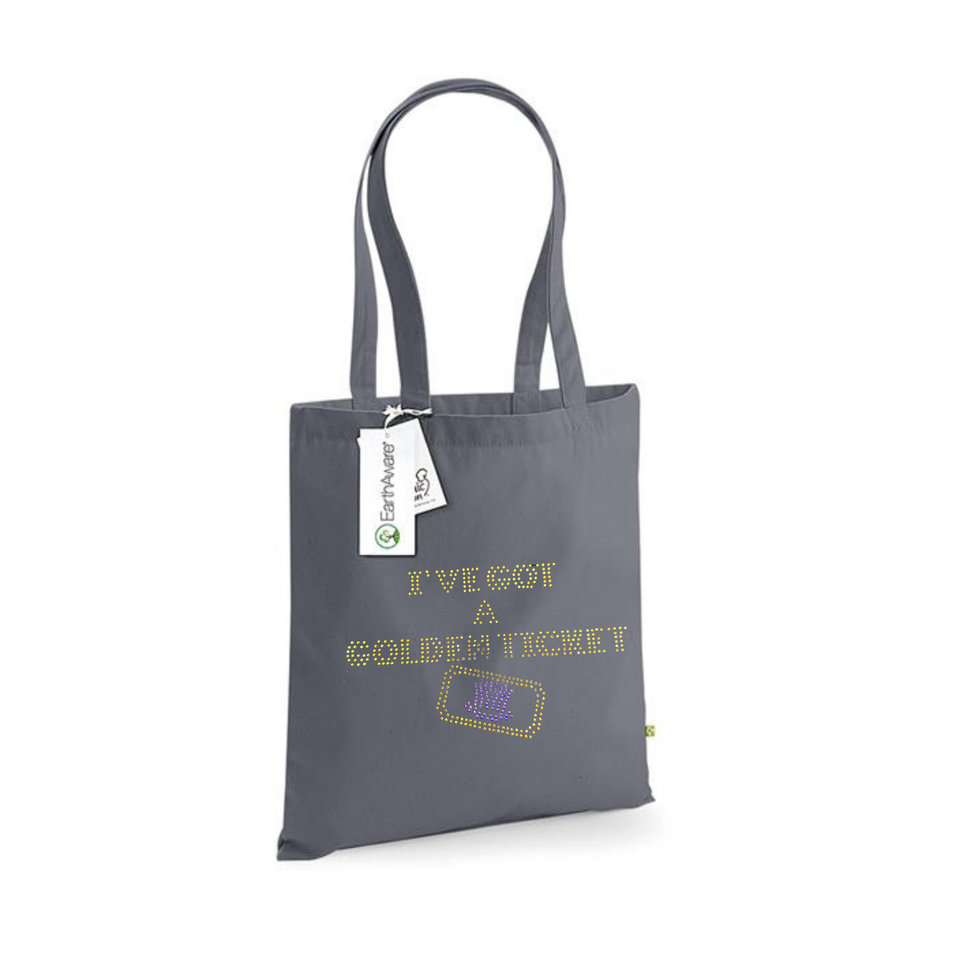 Dark grey cotton tote bag with long handles, on the front, I've got a golden ticket lettering, set just below this is the outline of a golden ticket with purple wonka inspired hat set in the middle of the ticket.