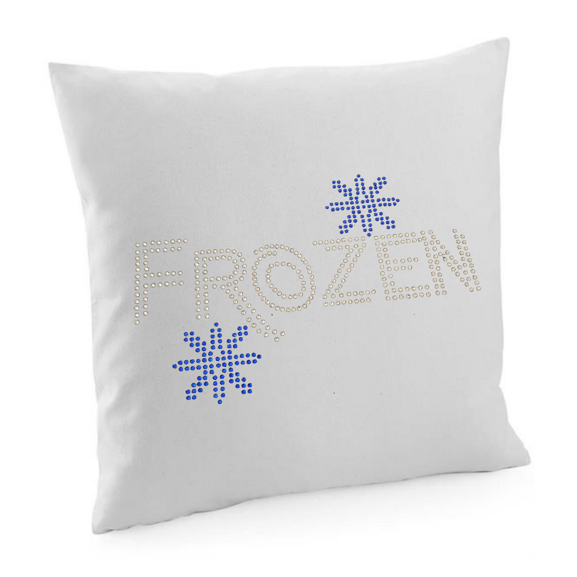 GREY COTTON CUSHION COVER WITH FROZEN LETTERING, WITH BLUE SNOWFLAKE ABOVE THE Z AND BELOW THE R.
THE DESIGN IS MADE UP OF HOT FIX RHINESTONES THAT HEAT PRESSED AND CATCH THE LIGHT BEAUTIFULLY
