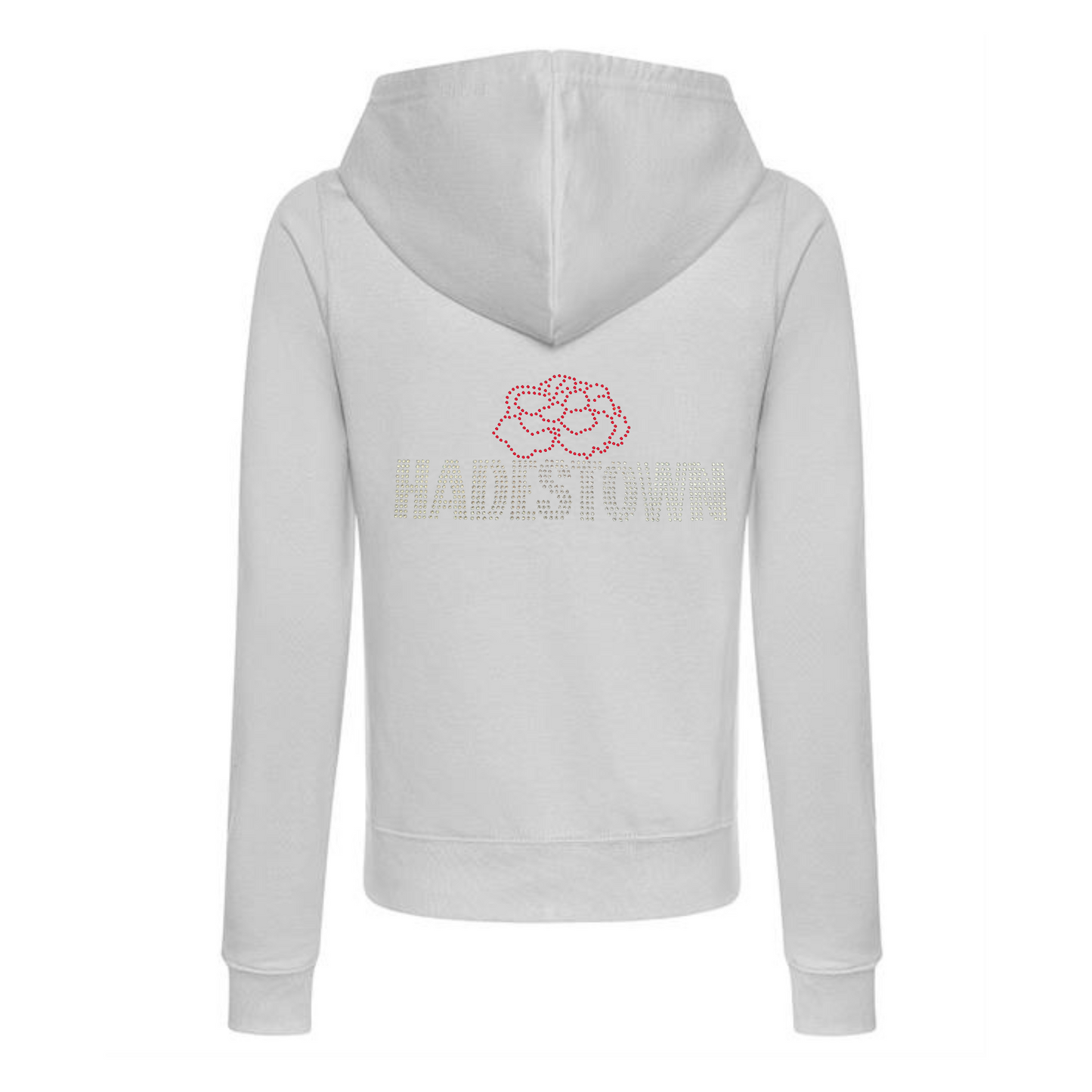 Grey zip up hoodie with back kangaroo pocket, on the front there is silver HADESTOWN lettering in capitals, there is then a red carnation flower design resting on the middle of the lettering
The design is made up of sparkling rhinestones that catch the light