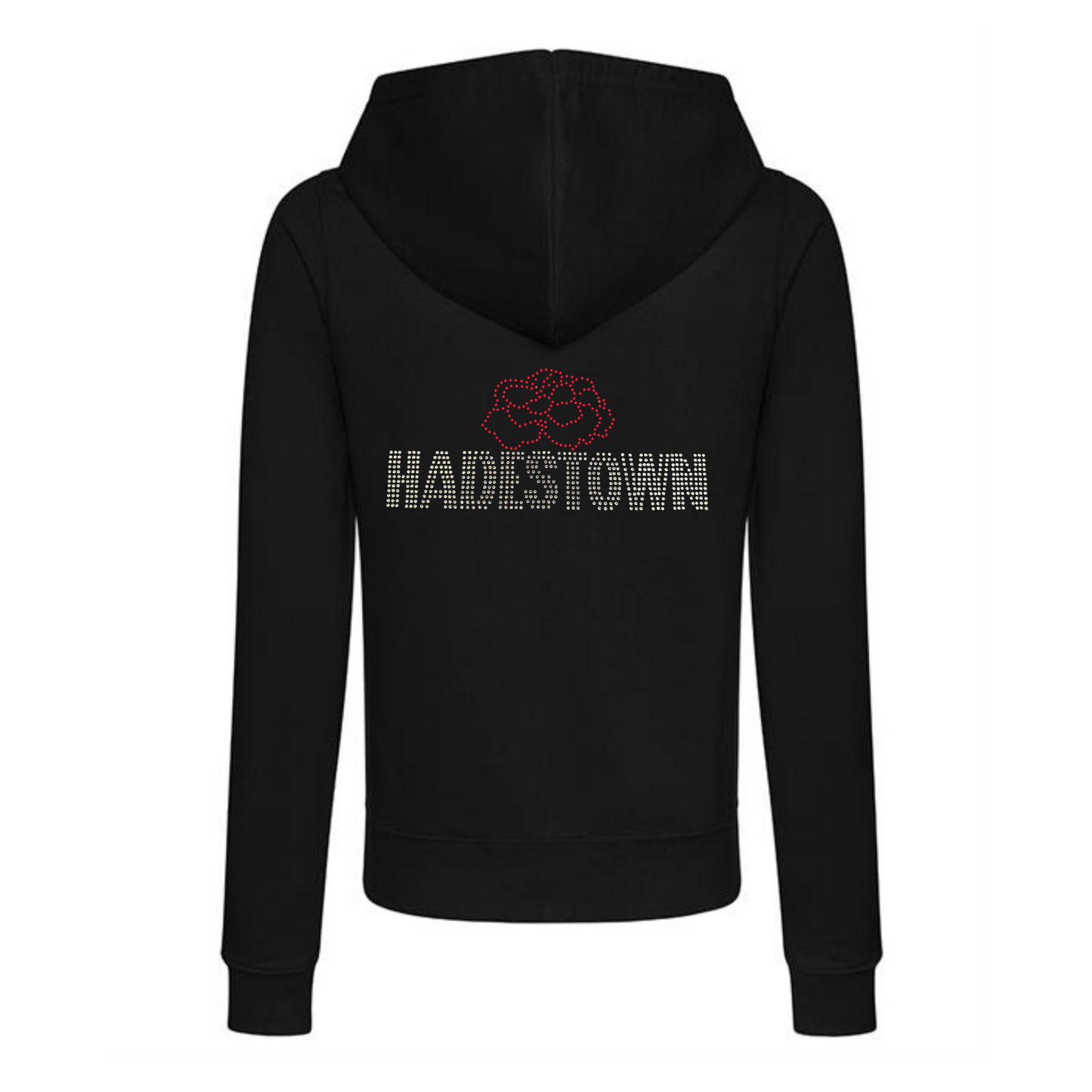 Black zip up hoodie with front kangaroo pocket, on the back there is silver HADESTOWN lettering in capitals, there is then a red carnation flower design resting on the middle of the lettering
The design is made up of sparkling rhinestones that catch the light