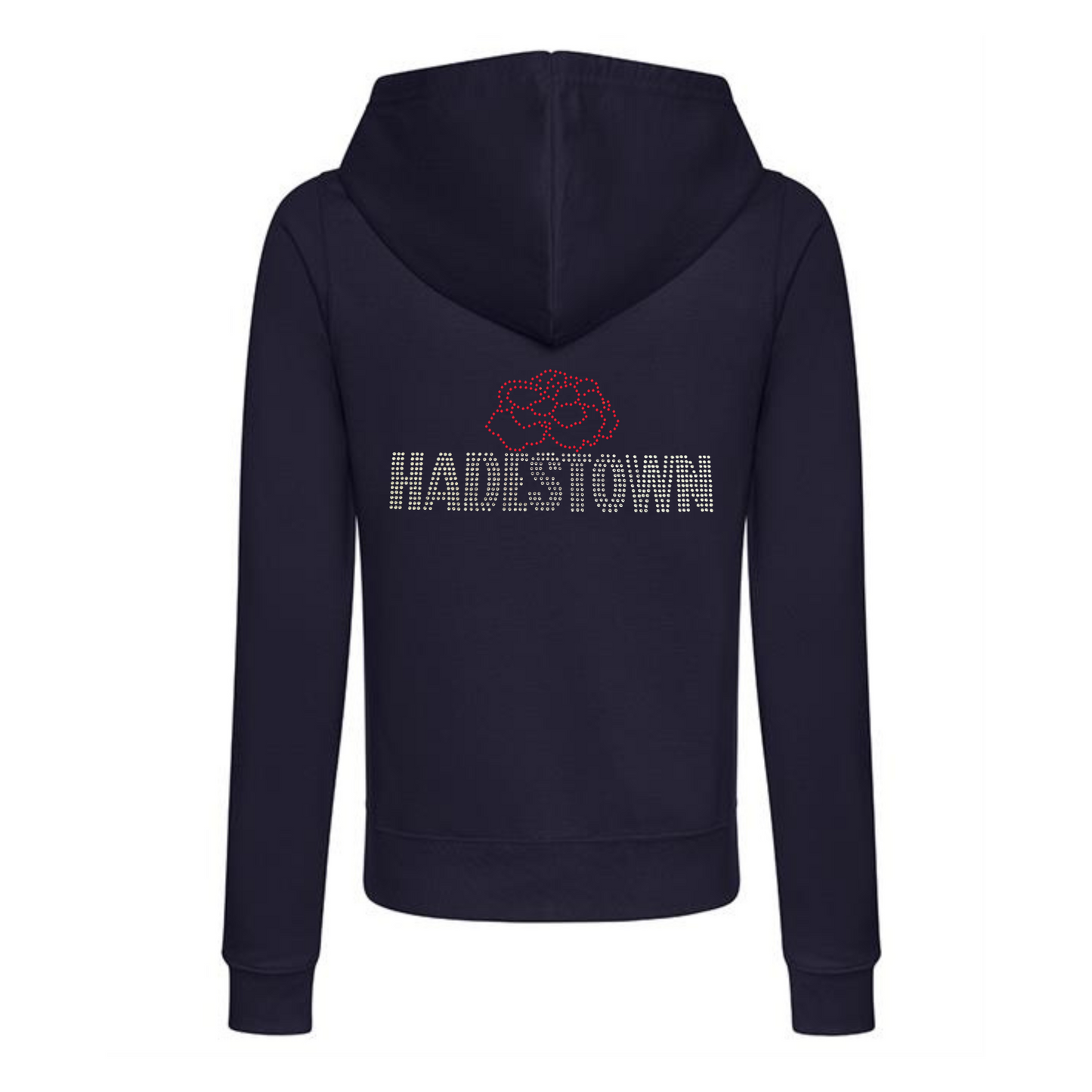 Navy zip up hoodie with front kangaroo pocket, on the back there is silver HADESTOWN lettering in capitals, there is then a red carnation flower design resting on the middle of the lettering
The design is made up of sparkling rhinestones that catch the light