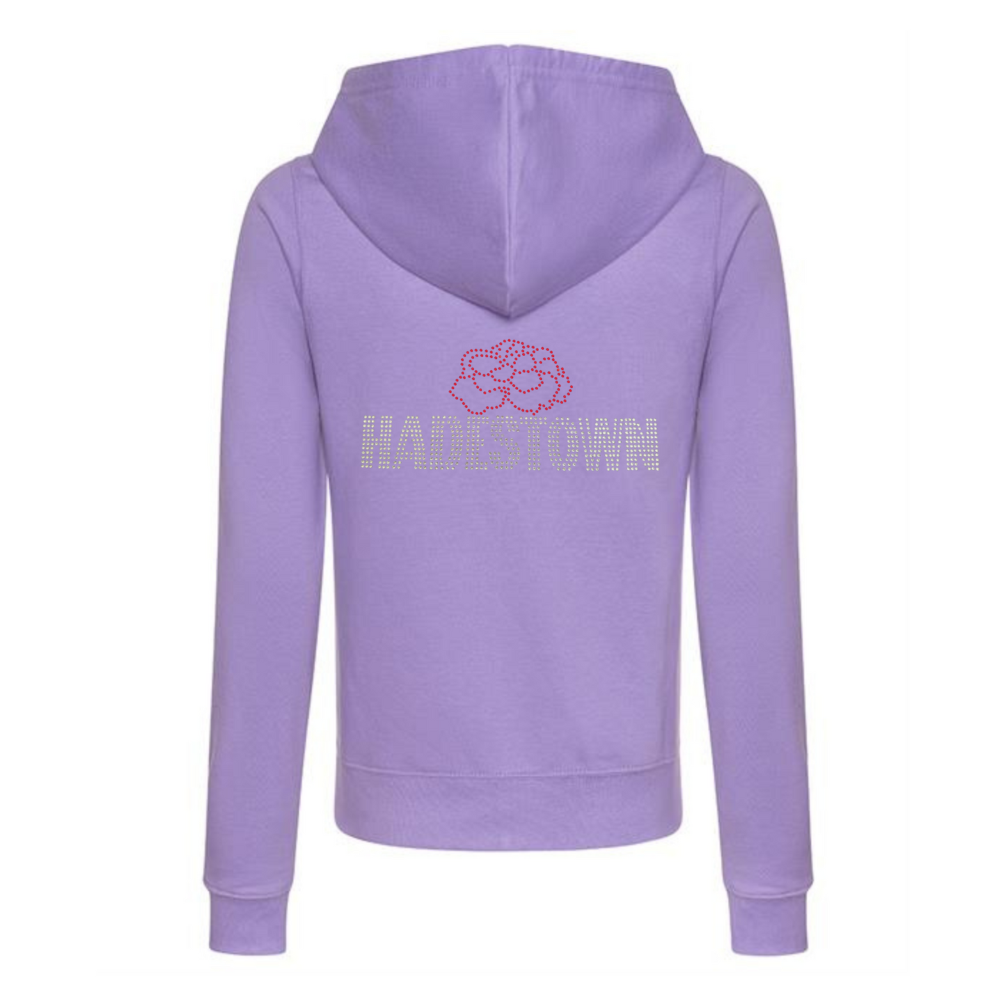 Purple zip up hoodie with front kangaroo pocket, on the back there is silver HADESTOWN lettering in capitals, there is then a red carnation flower design resting on the middle of the lettering
The design is made up of sparkling rhinestones that catch the light