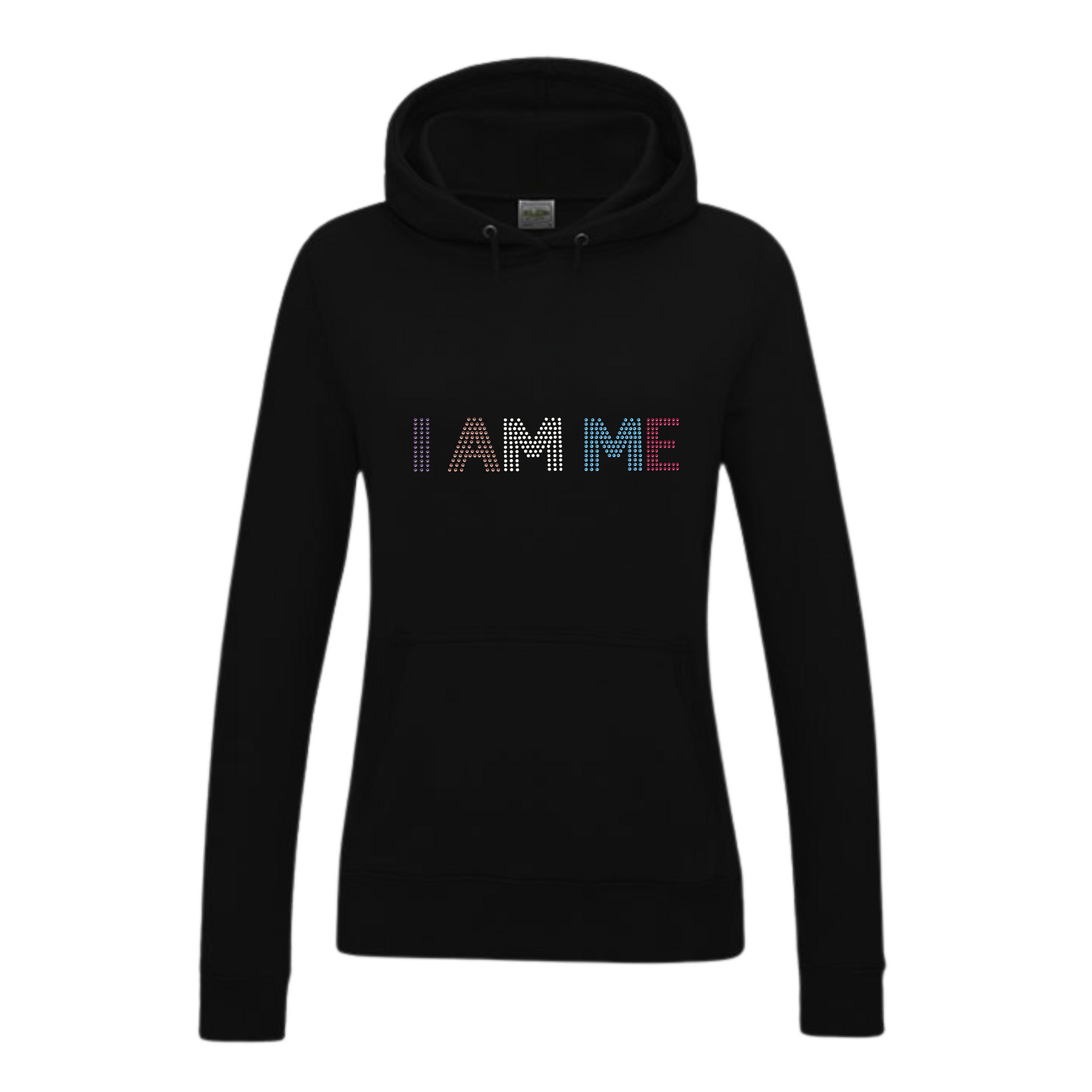 Black hoodie with 'I AM ME' text in colorful letters across the front inspried by the colours of the Starlight coaches, pearl Dinah etc