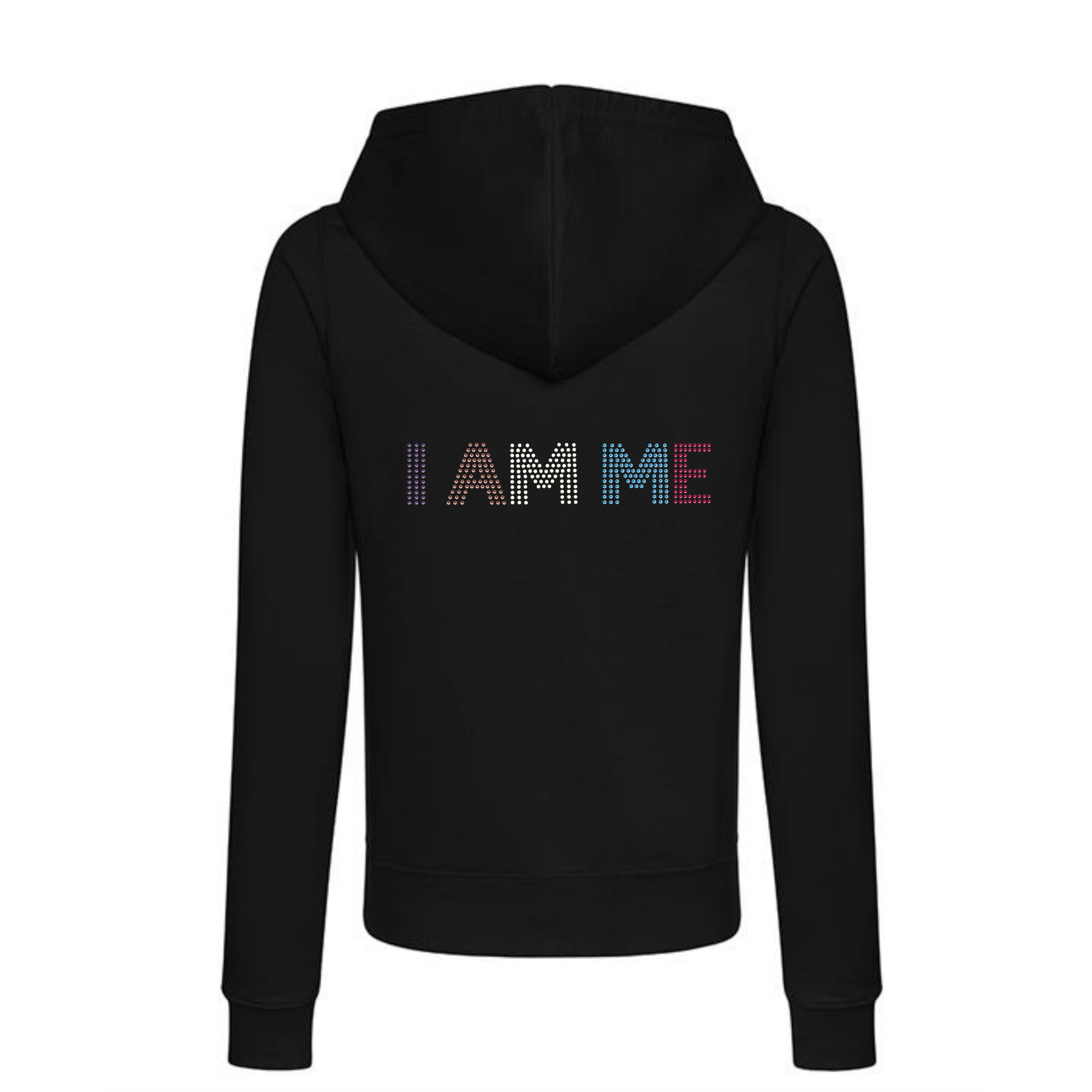 Black hoodie with 'I AM ME' text in colourful letters across the front inspried by the colours of the Starlight coaches, pearl Dinah etc