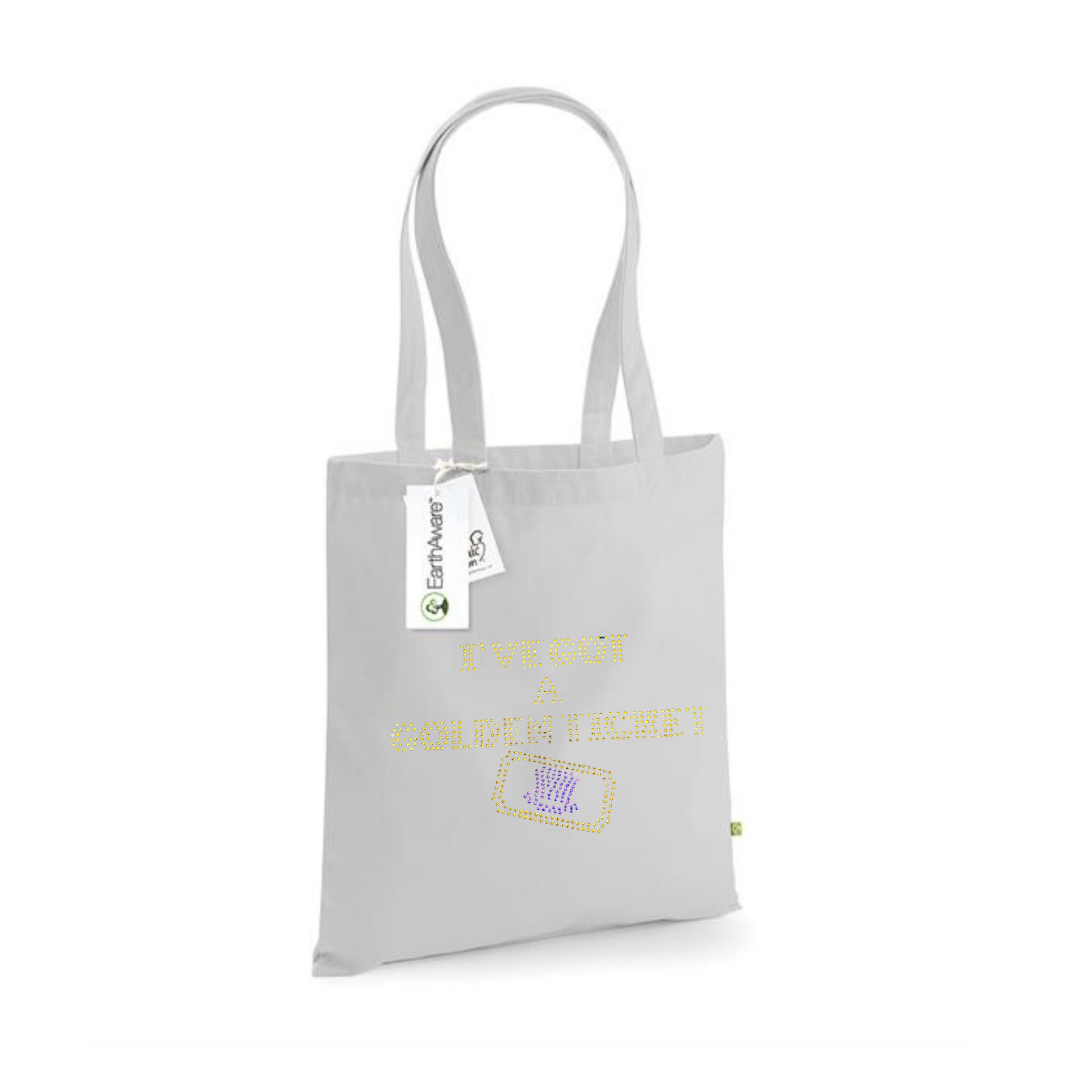 Light grey cotton tote bag with long handles, on the front, I've got a golden ticket lettering, set just below this is the outline of a golden ticket with purple wonka inspired hat set in the middle of the ticket.