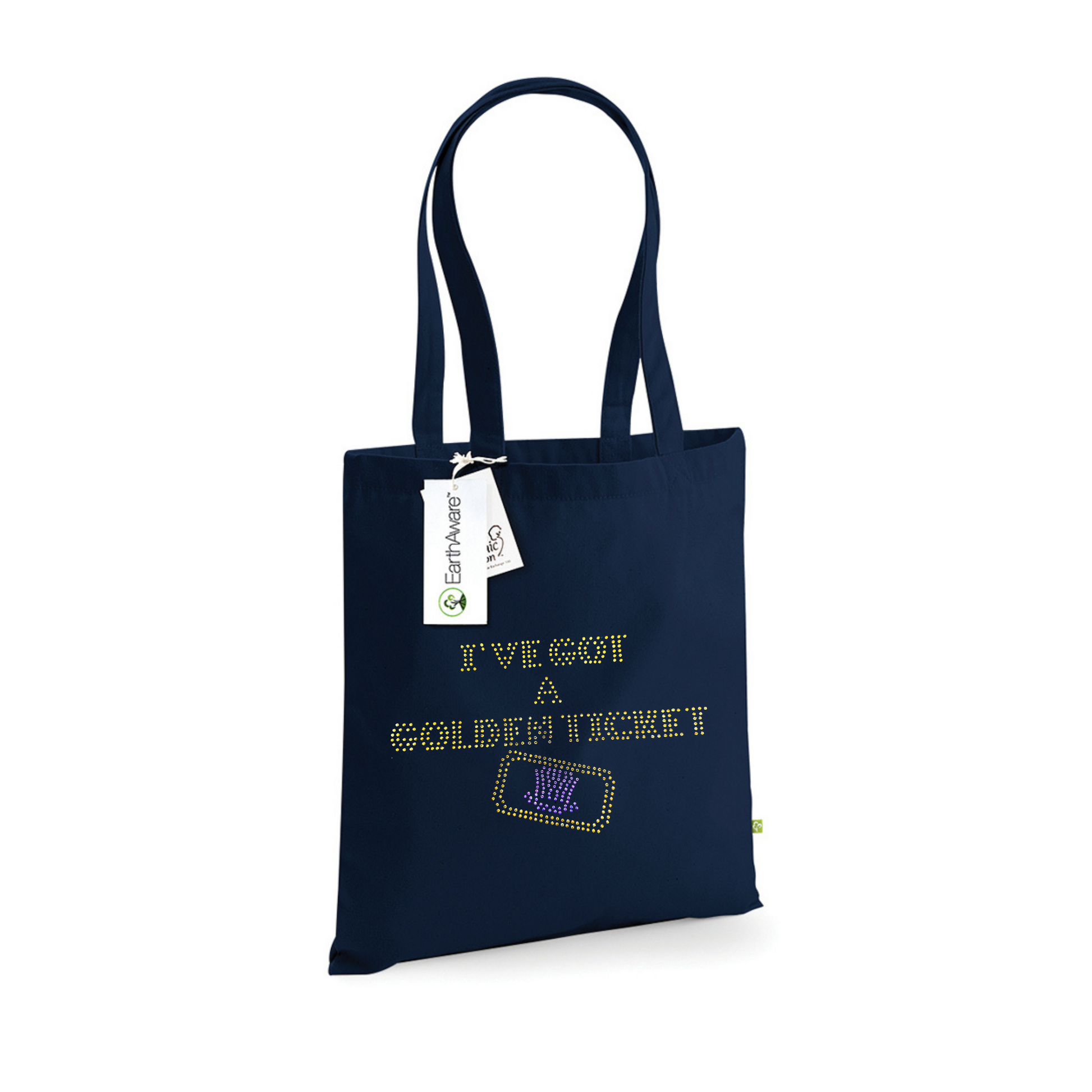 Navy cotton tote bag with long handles, on the front, I've got a golden ticket lettering, set just below this is the outline of a golden ticket with purple wonka inspired hat set in the middle of the ticket.