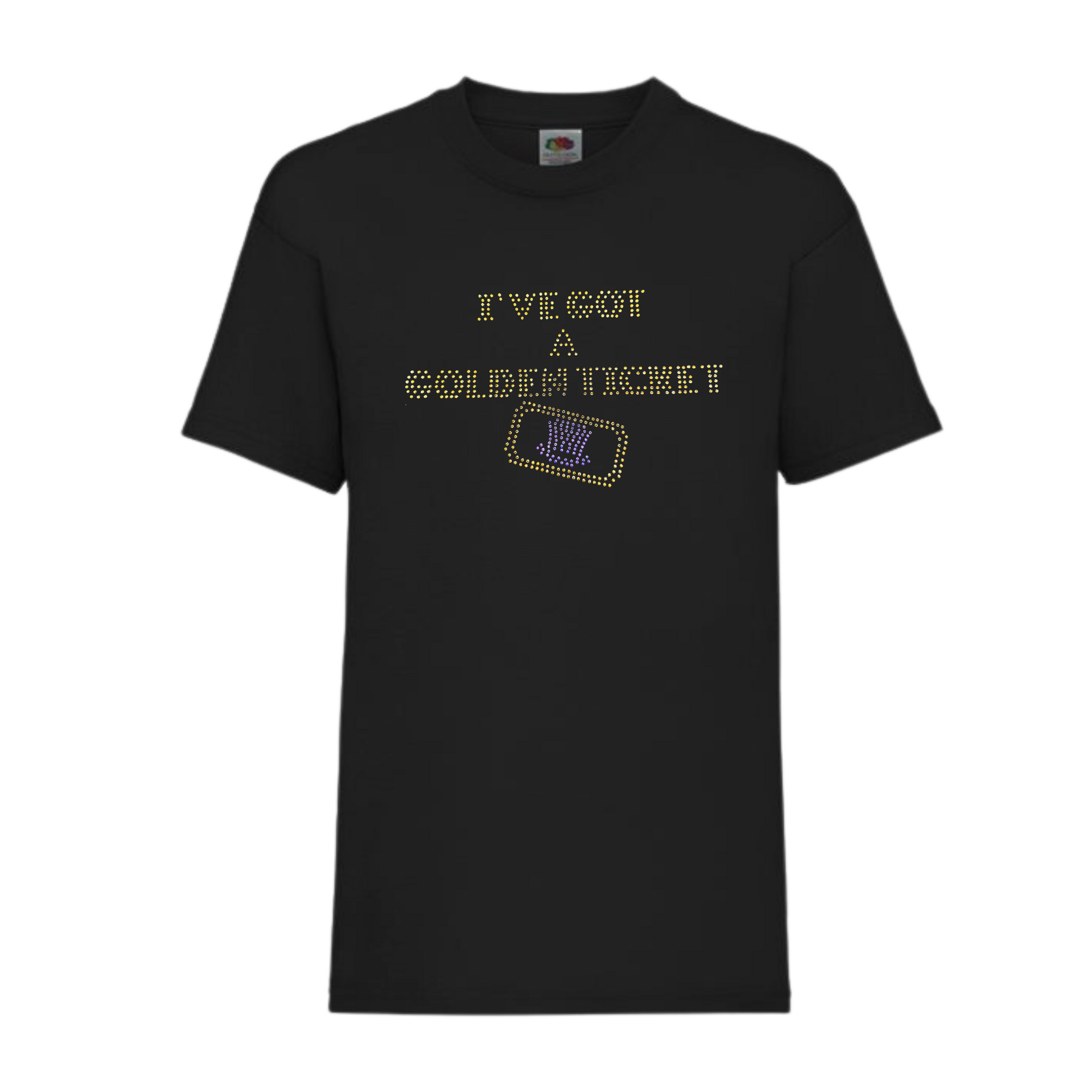 Black short sleeve kids t shirt on the front, I've got a golden ticket lettering, set just below this is the outline of a golden ticket with purple wonka inspired hat set in the middle of the ticket.