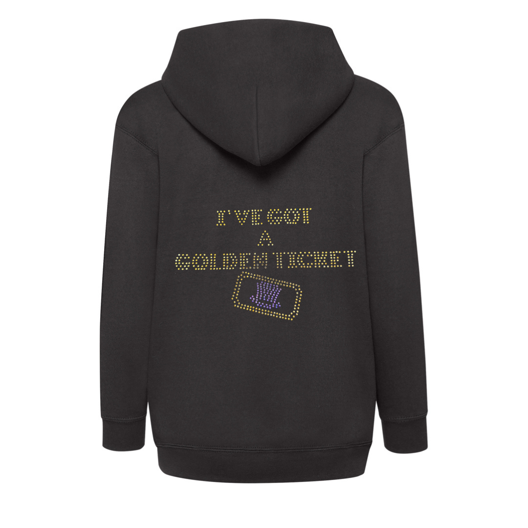 Black pullover hoodie on the back, I've got a golden ticket lettering, set just below this is the outline of a golden ticket with purple wonka inspired hat set in the middle of the ticket.