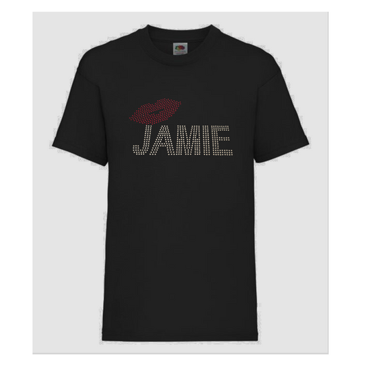 Black children's short sleeve t shirt with silver rhinestones detailing Jamie and red rhinestones lips, very sparkly