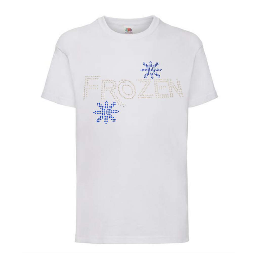 Children's white short sleeve t shirt, on the front is, FROZEN LETTERING WITH TWO BLUE SNOWFLAKES SET ABOVE THE Z AND BELOW R. THE DESIGN IS MADE UP OF HOT FIX RHINESTONES THAT HEAT PRESSED AND CATCH THE LIGHT BEAUTIFULLY