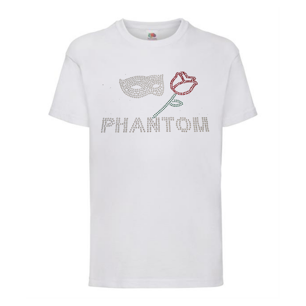 WHITE COTTON SHORT SLEEVE T SHIRT, ON THE FRONT IS PHANTOM LETTERING, ABOVE THIS A SILVER MASK AND RED ROSE WITH GREEN STEM AND LEAF.
THE DESIGN IS MADE UP OF HOT FIX RHINESTONES THAT HEAT PRESSED AND CATCH THE LIGHT BEAUTIFULLY