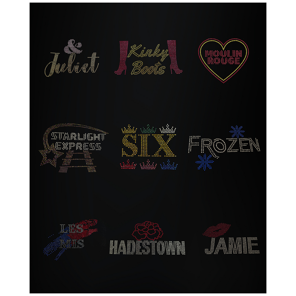 black cotton blanket, with six musical theatre designs placed on it, in 3 rows of 3, There is a gold and pink &Juliet, Gold and pink Kinky boots, Red and gold Moulin rouge heart with lettering, Starlight express, Six lettering with crowns, Frozen, Les Mis, Hadestown and Jamie designs