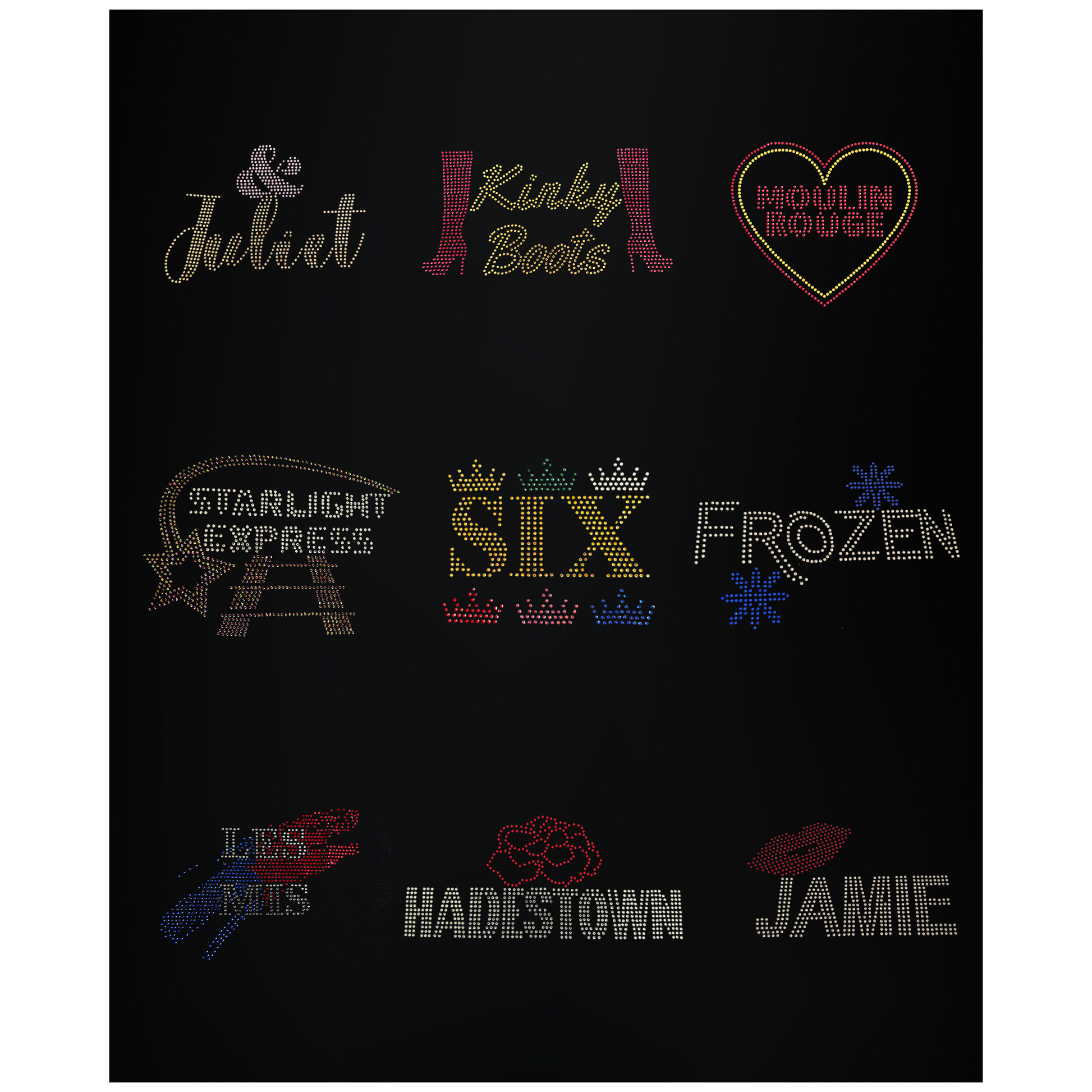 black cotton blanket, with six musical theatre designs placed on it, in 3 rows of 3, There is a gold and pink &Juliet, Gold and pink Kinky boots, Red and gold Moulin rouge heart with lettering, Starlight express, Six lettering with crowns, Frozen, Les Mis, Hadestown and Jamie designs