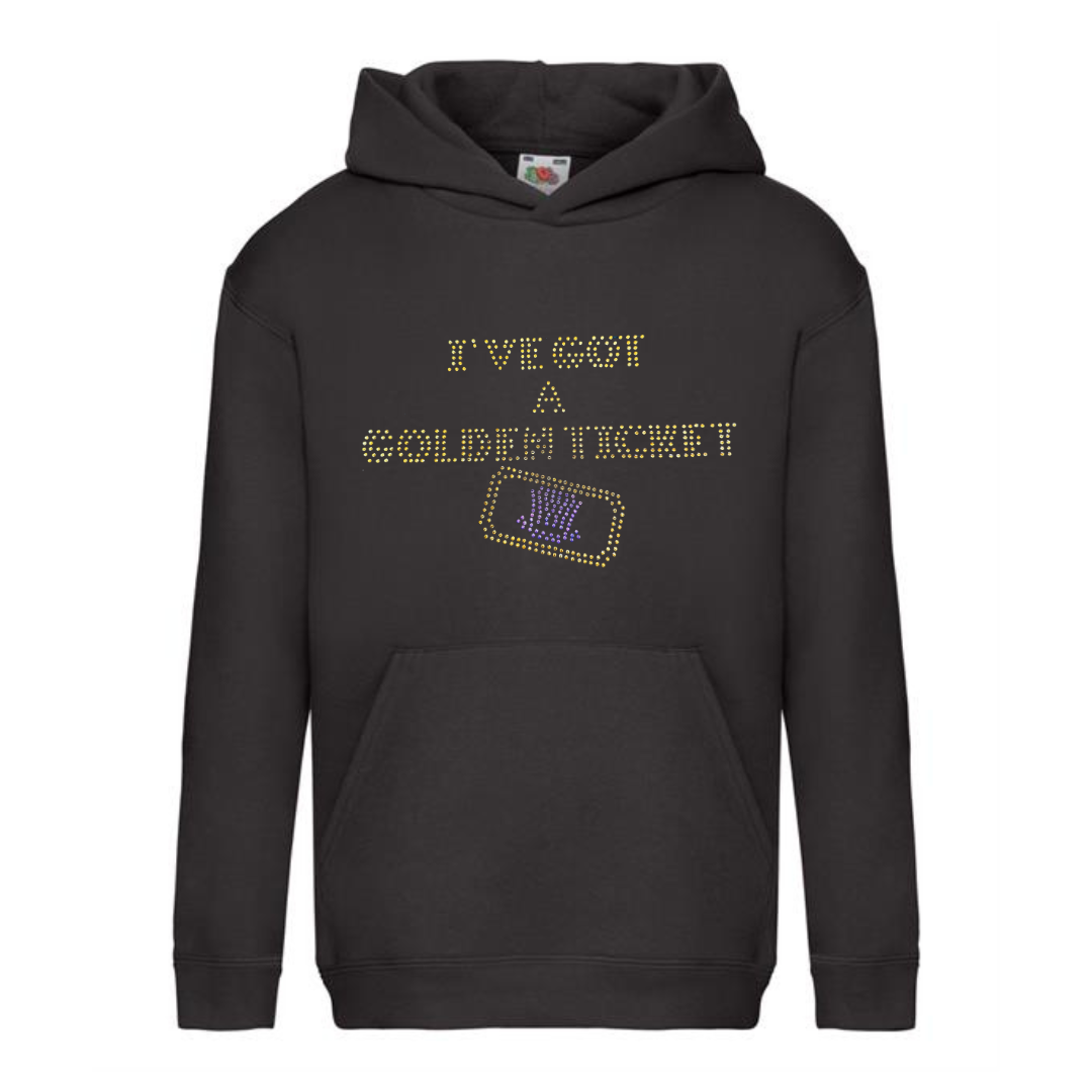 Black pullover hoodie on the front, I've got a golden ticket lettering, set just below this is the outline of a golden ticket with purple wonka inspired hat set in the middle of the ticket.