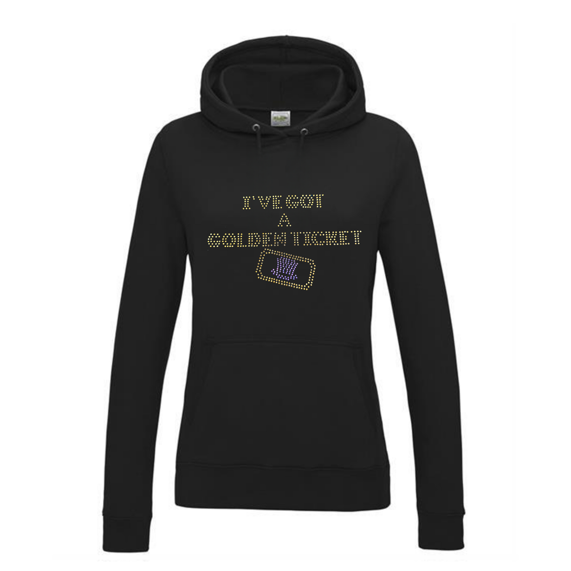 Black pullover hoodie on the front, I've got a golden ticket lettering, set just below this is the outline of a golden ticket with purple wonka inspired hat set in the middle of the ticket.