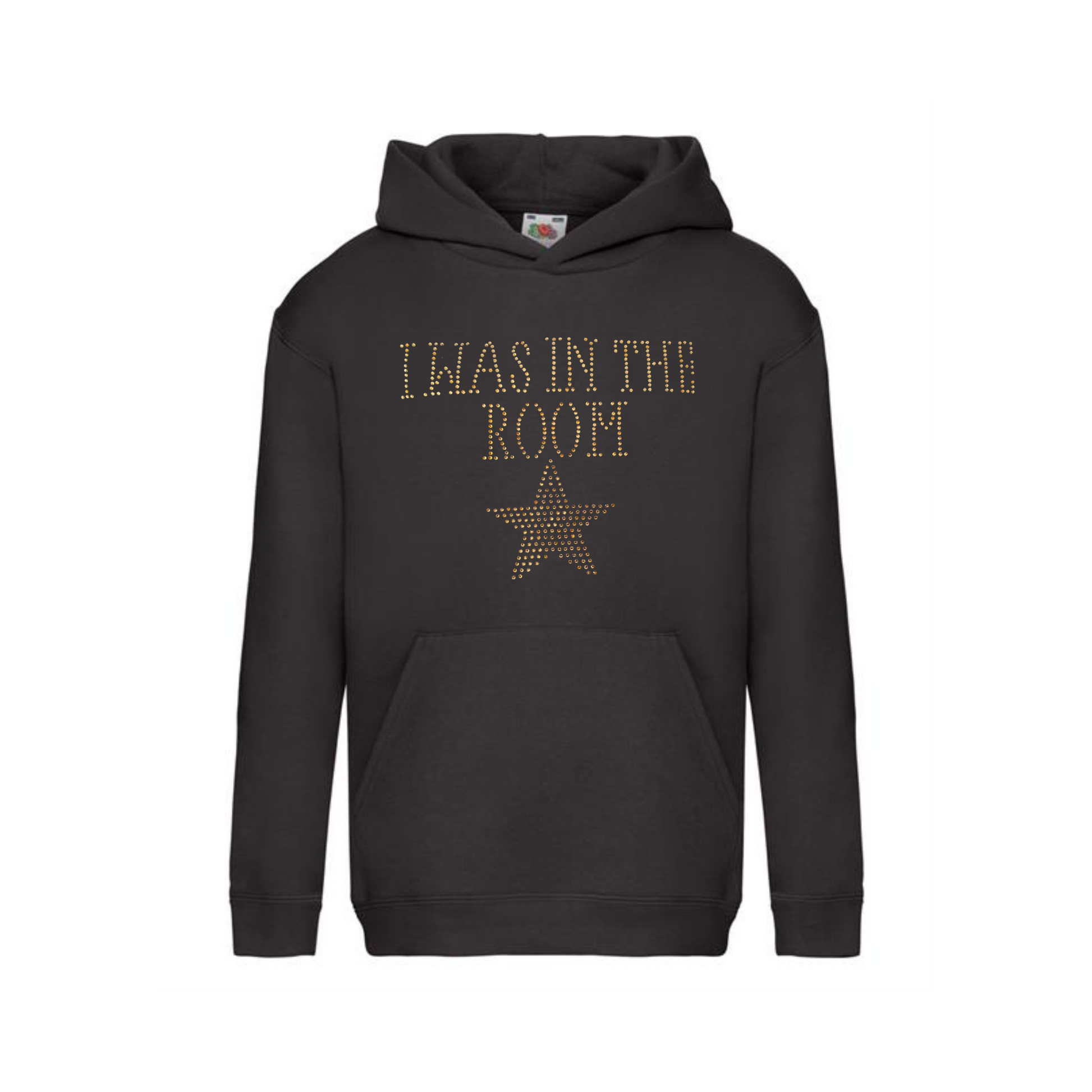 Black pullover hoodie with gold sparkly "I WAS IN THE ROOM" with a gold star underneath.
Just below this is a front kangaroo pocket.
The design is made up of gold rhinestones that sparkle in the light beautifully.
