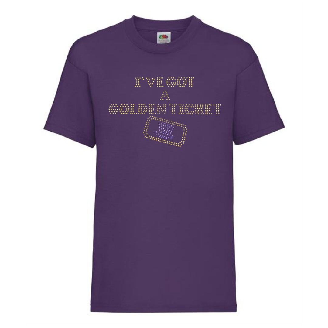 Purple short sleeve kids t shirt on the front, I've got a golden ticket lettering, set just below this is the outline of a golden ticket with purple wonka inspired hat set in the middle of the ticket.
