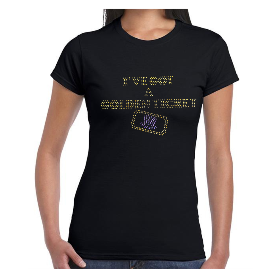 Black ladies fit t shirt, on the front, I've got a golden ticket lettering, set just below this is the outline of a golden ticket with purple wonka inspired hat set in the middle of the ticket.