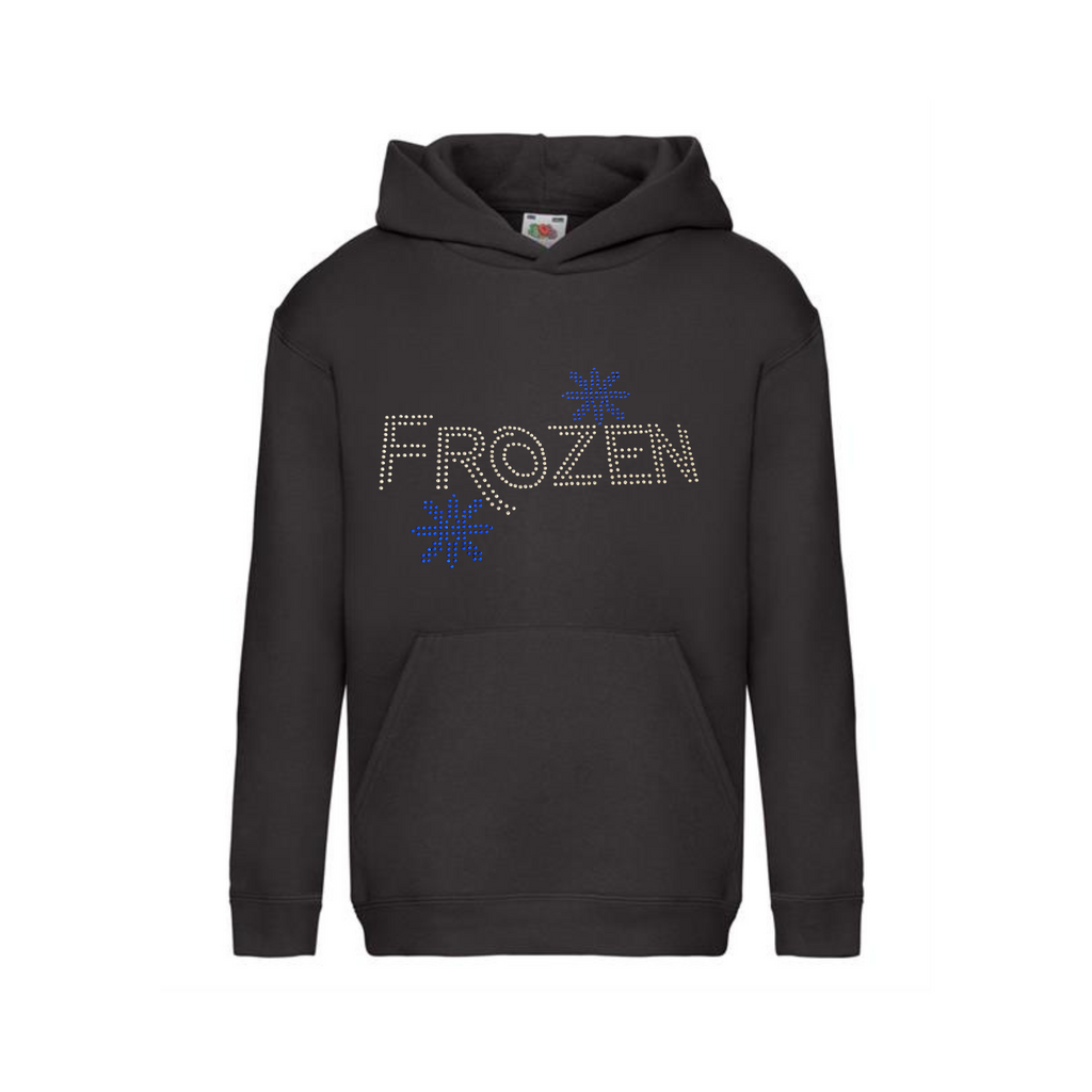 Children's black pullover hoodie, on the front is, FROZEN LETTERING WITH TWO BLUE SNOWFLAKES SET ABOVE THE Z AND BELOW R. THE DESIGN IS MADE UP OF HOT FIX RHINESTONES THAT HEAT PRESSED AND CATCH THE LIGHT BEAUTIFULLY