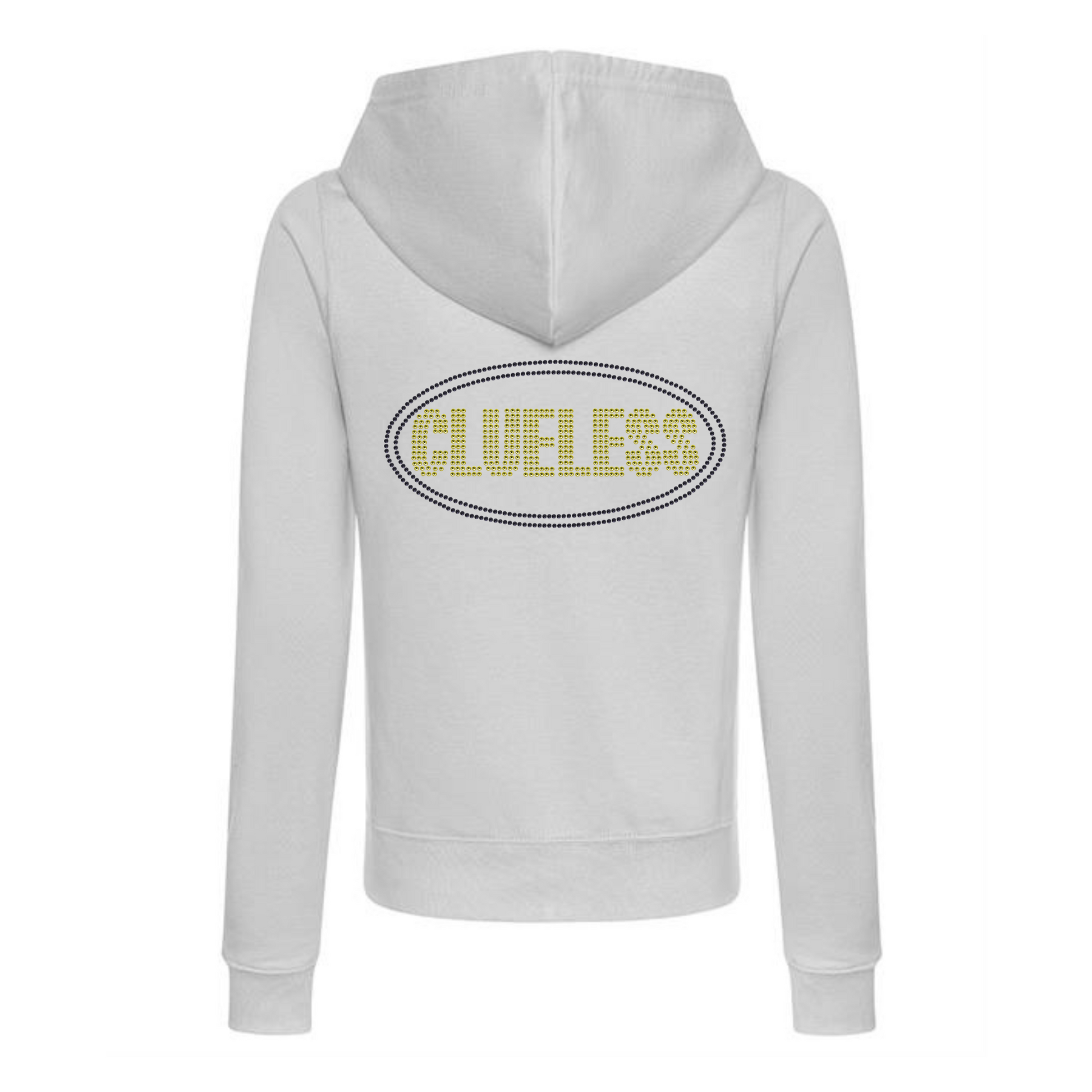 Light grey zip up hoodie, bright yellow clueless writing in a block font, around the lettering is a black oval outline. The design is made up of sparkling rhinestones.
Design is placed on the back of the hoodie.