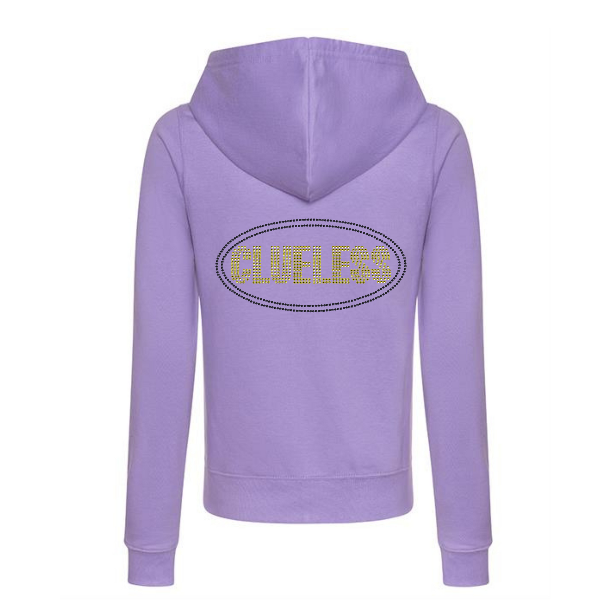 Purple zip up hoodie, bright yellow clueless writing in a block font, around the lettering is a black oval outline. The design is made up of sparkling rhinestones.
Design is placed on the back of the hoodie.
