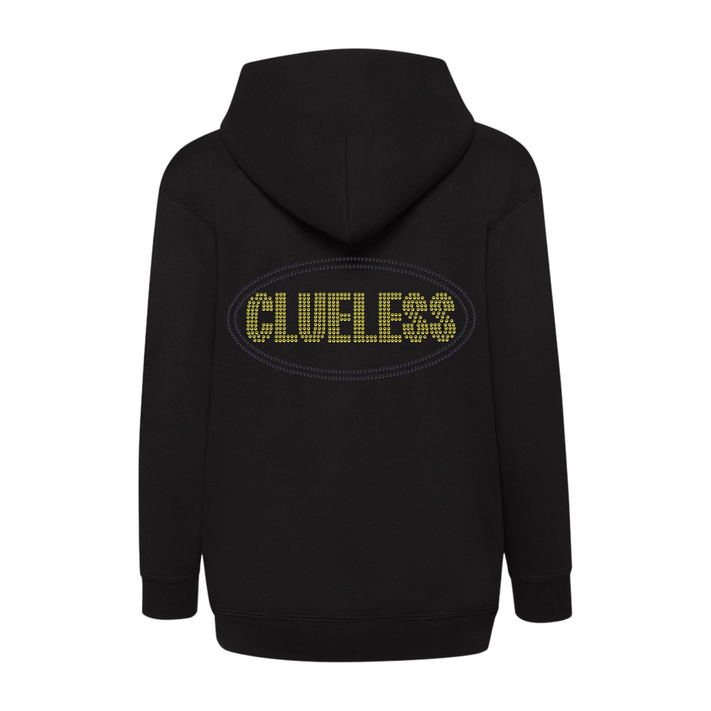 Children's black pullover hoodie, with bright yellow clueless writing in a block font, around the lettering is a black oval outline. The design is made up of sparkling rhinestones.
Design is placed on the back of the hoodie