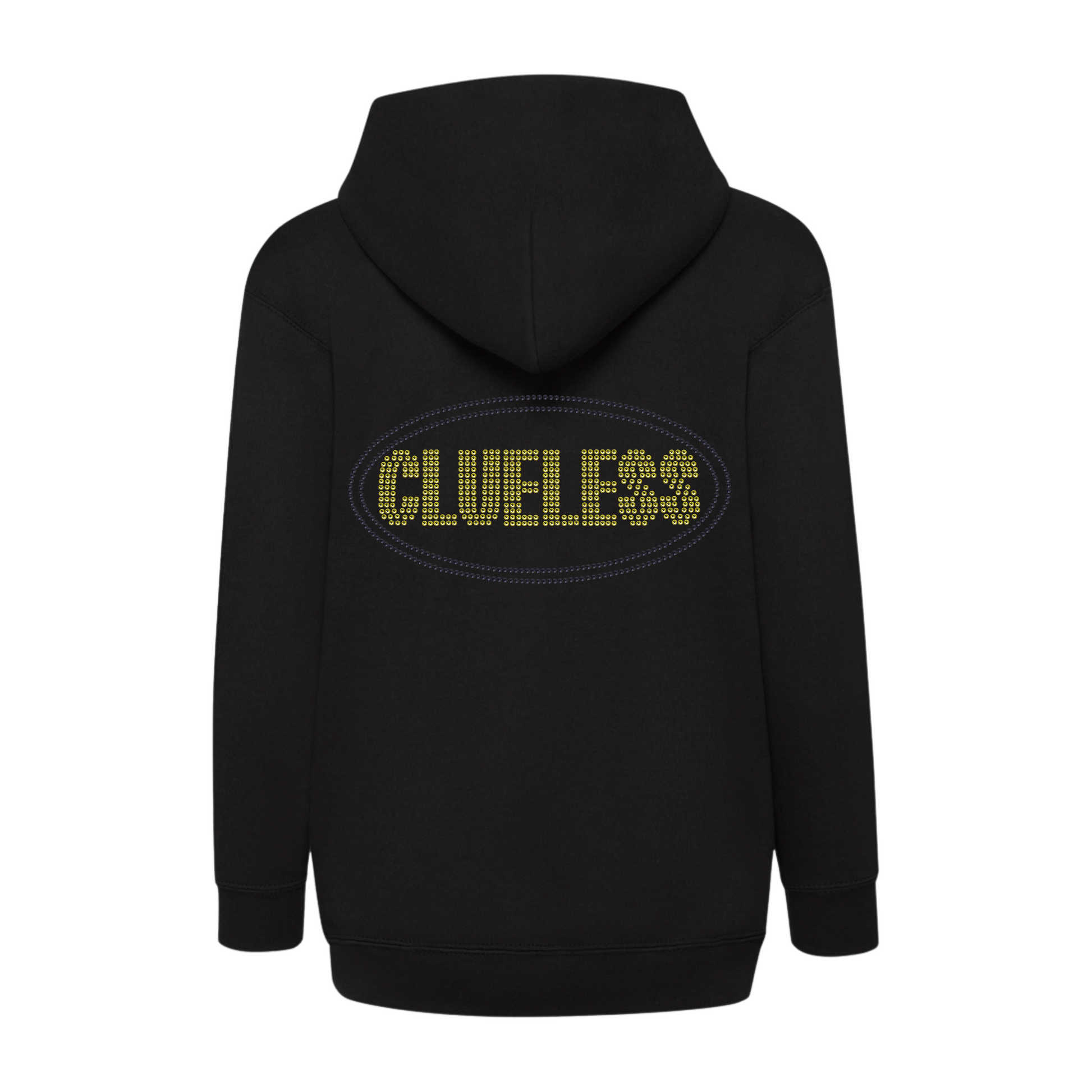 Children's black pullover hoodie, with bright yellow clueless writing in a block font, around the lettering is a black oval outline. The design is made up of sparkling rhinestones.
Design is placed on the back of the hoodie