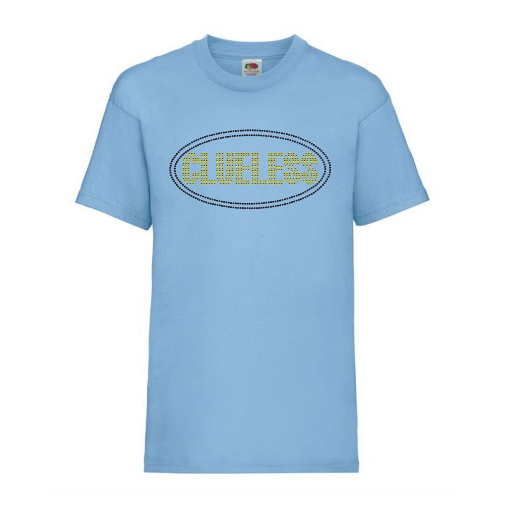 Blue cotton t shirt with bright yellow clueless writing in a block font, around the lettering is a black oval outline. The design is made up of sparkling rhinestones.
Design is placed on the front of the shirt.