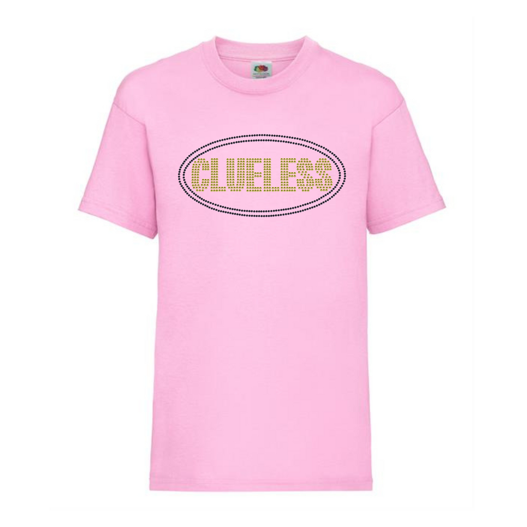 Pink cotton t shirt with bright yellow clueless writing in a block font, around the lettering is a black oval outline. The design is made up of sparkling rhinestones.
Design is placed on the front of the shirt.