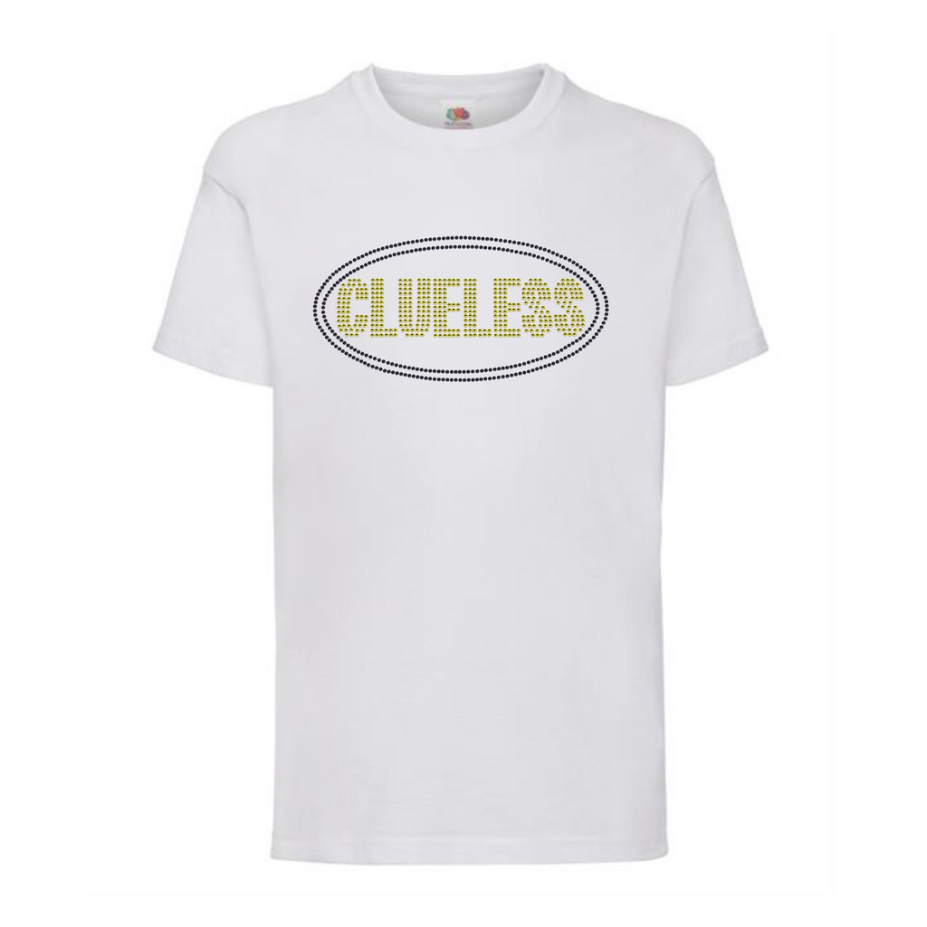 White cotton t shirt with bright yellow clueless writing in a block font, around the lettering is a black oval outline. The design is made up of sparkling rhinestones.
Design is placed on the front of the shirt.