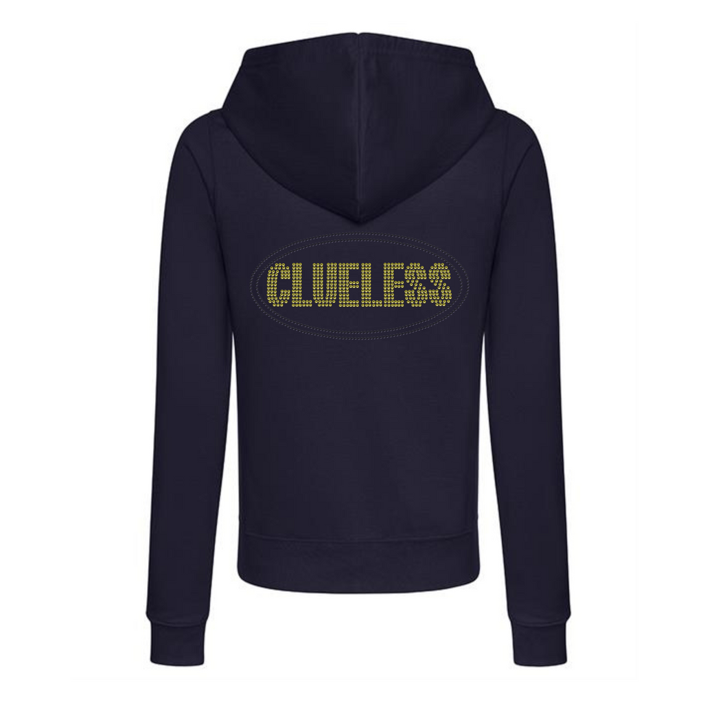 Navy zip up hoodie, bright yellow clueless writing in a block font, around the lettering is a black oval outline. The design is made up of sparkling rhinestones.
Design is placed on the back of the hoodie.