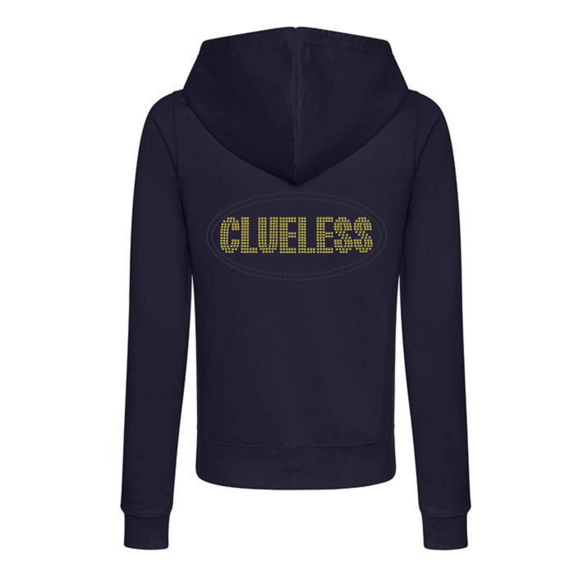 Navy zip up hoodie, bright yellow clueless writing in a block font, around the lettering is a black oval outline. The design is made up of sparkling rhinestones.
Design is placed on the back of the hoodie.
