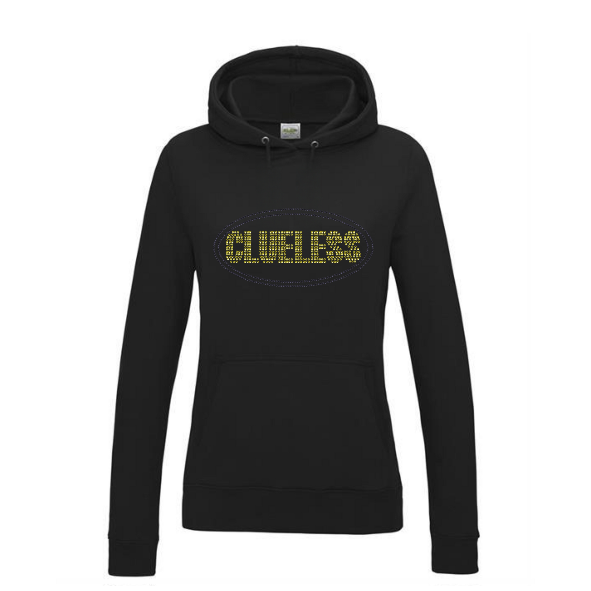 Black pullover hoodie, with bright yellow clueless writing in a block font, around the lettering is a black oval outline. The design is made up of sparkling rhinestones.
Design is placed on the front of the hoodie