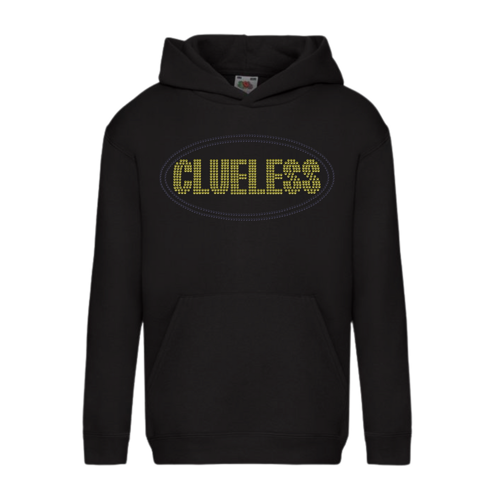 Children's black pullover hoodie, with bright yellow clueless writing in a block font, around the lettering is a black oval outline. The design is made up of sparkling rhinestones.
Design is placed on the front of the hoodie