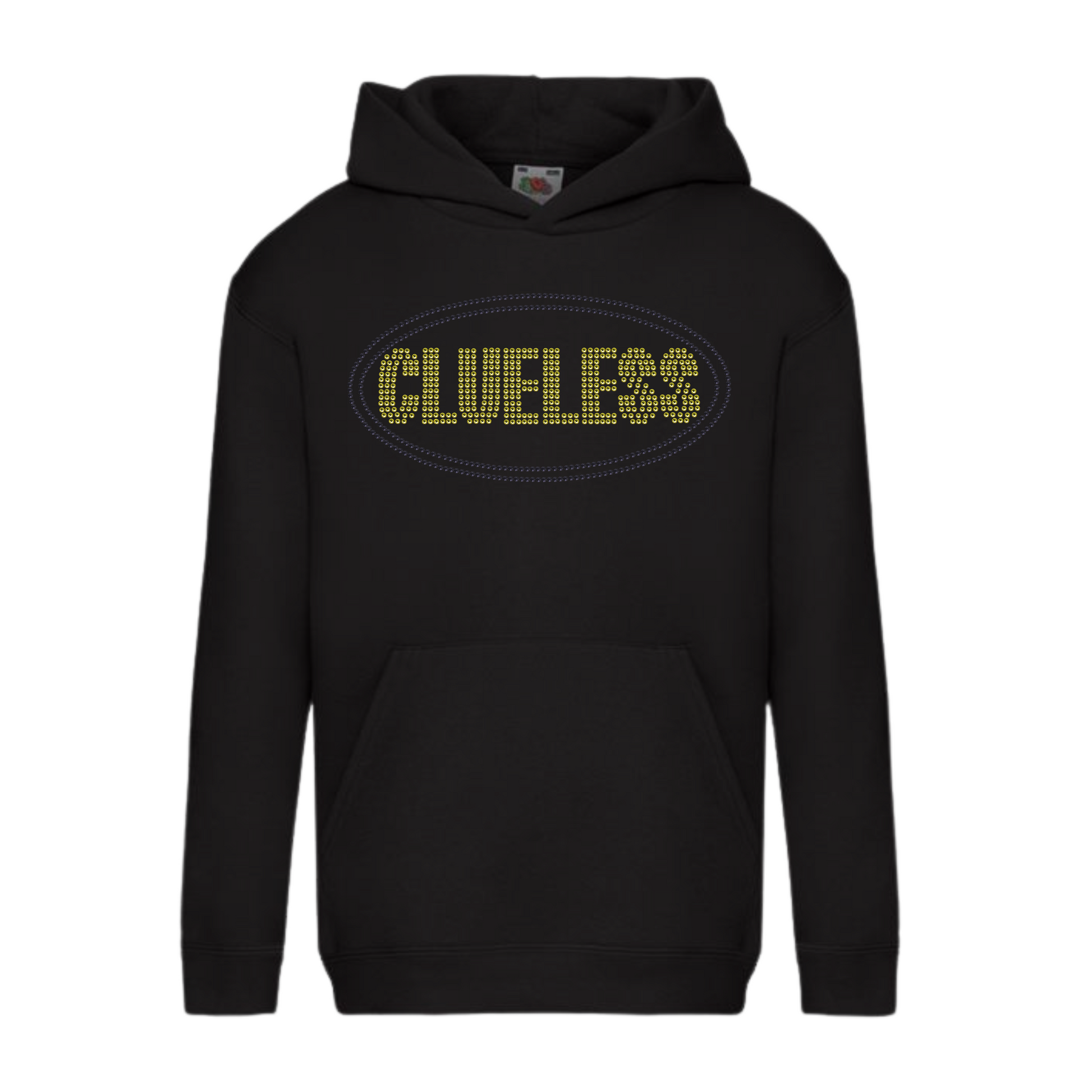 Children's black pullover hoodie, with bright yellow clueless writing in a block font, around the lettering is a black oval outline. The design is made up of sparkling rhinestones.
Design is placed on the front of the hoodie