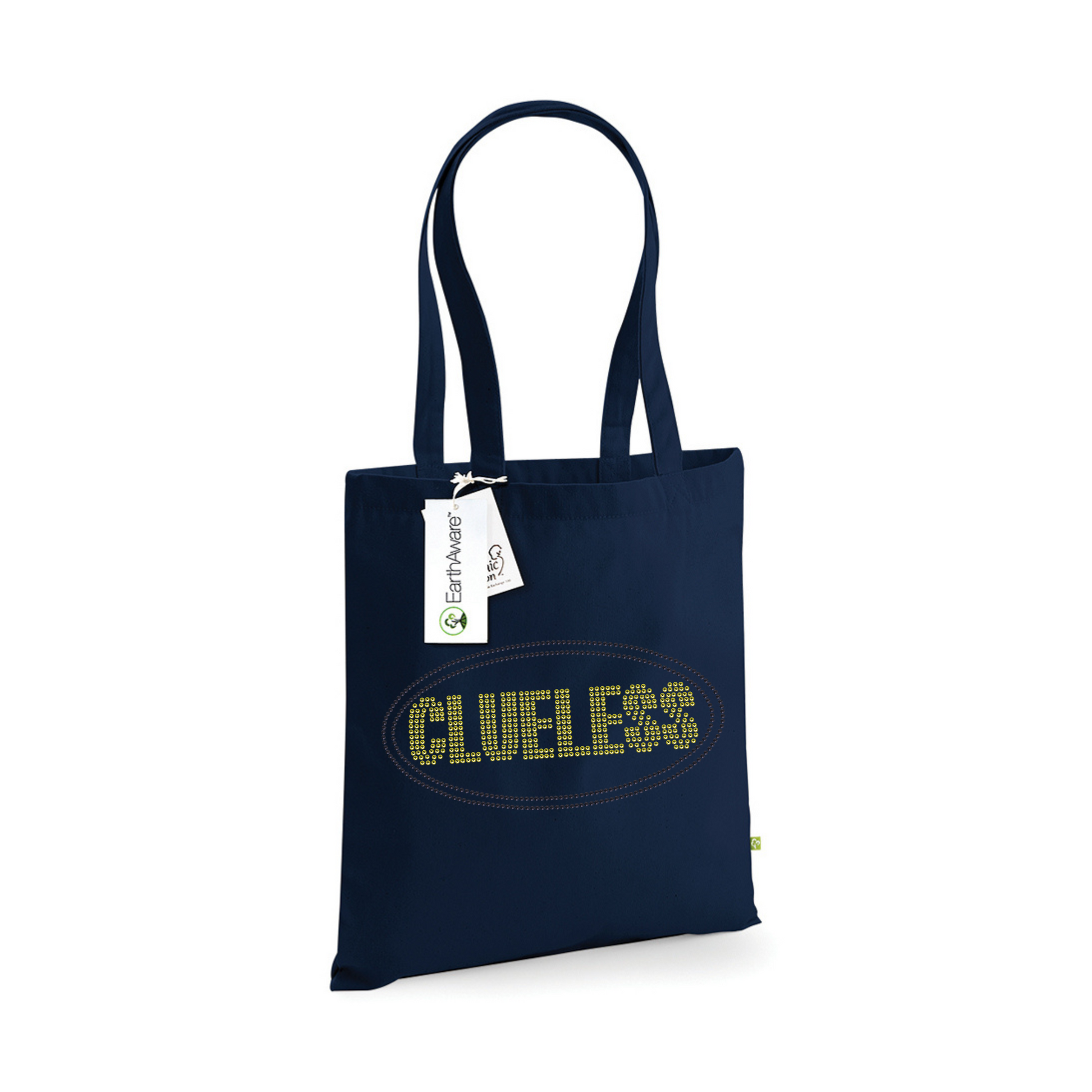Navy cotton tote bag with long handles,  with bright yellow clueless writing in a block font, around the lettering is a black oval outline. The design is made up of sparkling rhinestones.
Design is placed on the front of the bag