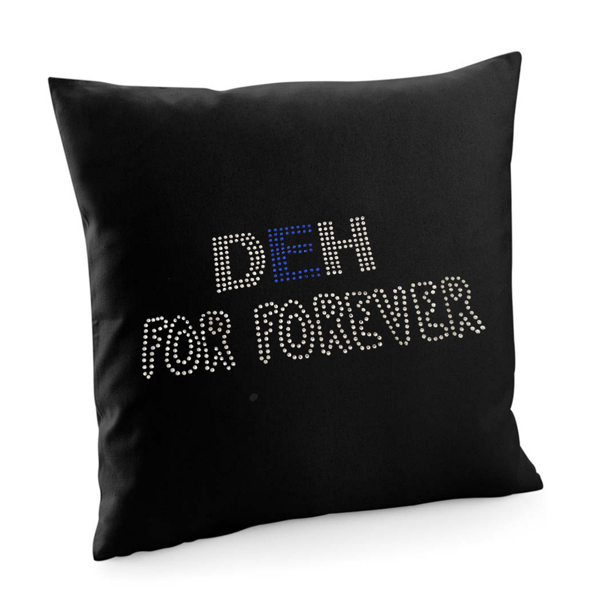 DEAR EVAN HANSEN BLACK COTTON CUSHION COVER WITH DEH FOREVER LETTERING IN BLUE AND SILVER.
THE DESIGN IS MADE UP OF HOT FIX RHINESTONES THAT HEAT PRESSED AND CATCH THE LIGHT BEAUTIFULLY