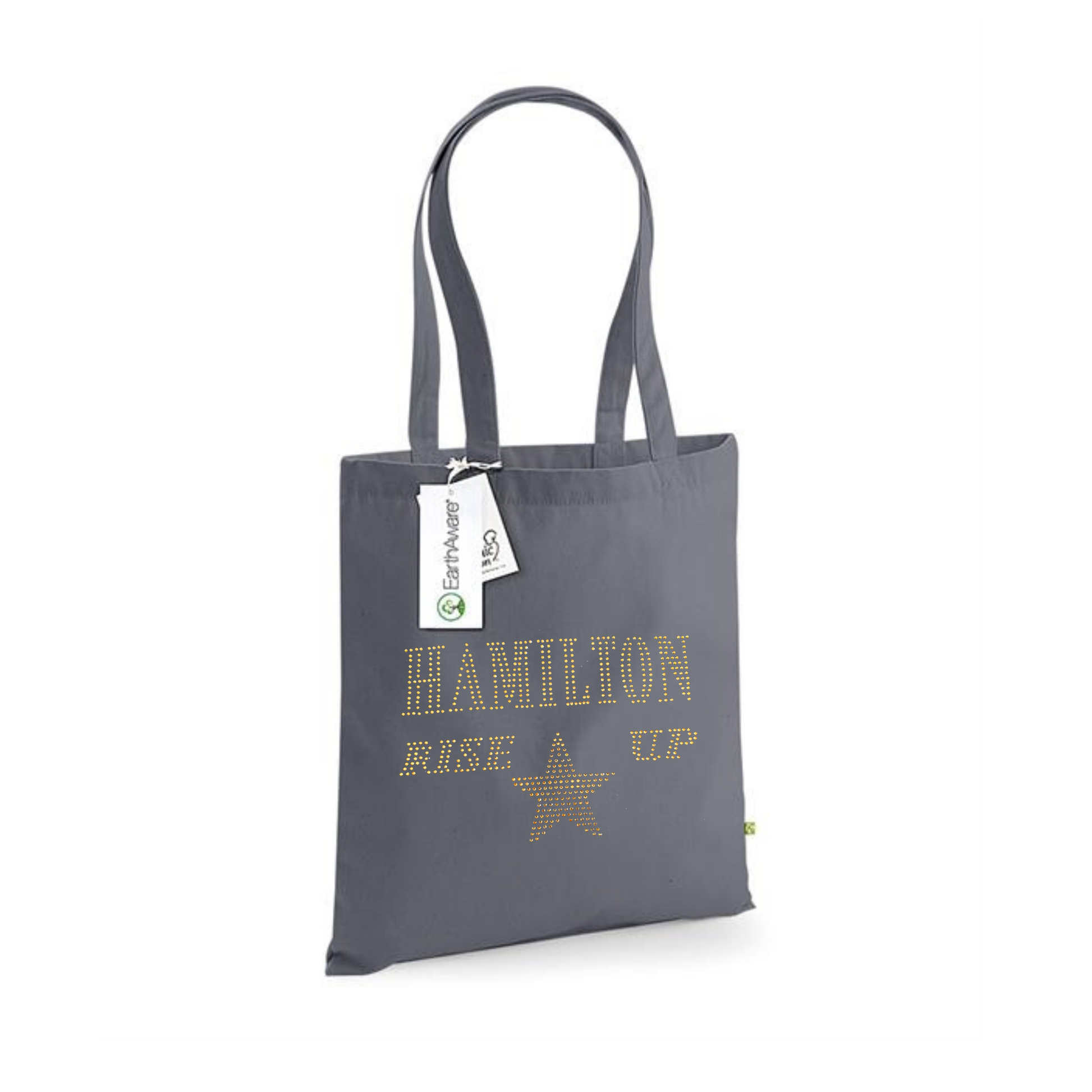 Dark grey cotton tote bag, on the front is a gold sparkling "Hamilton Rose up" lettering with a gold star set just underneath.
design is made up of sparkling rhinestones that catch the light beautifully
