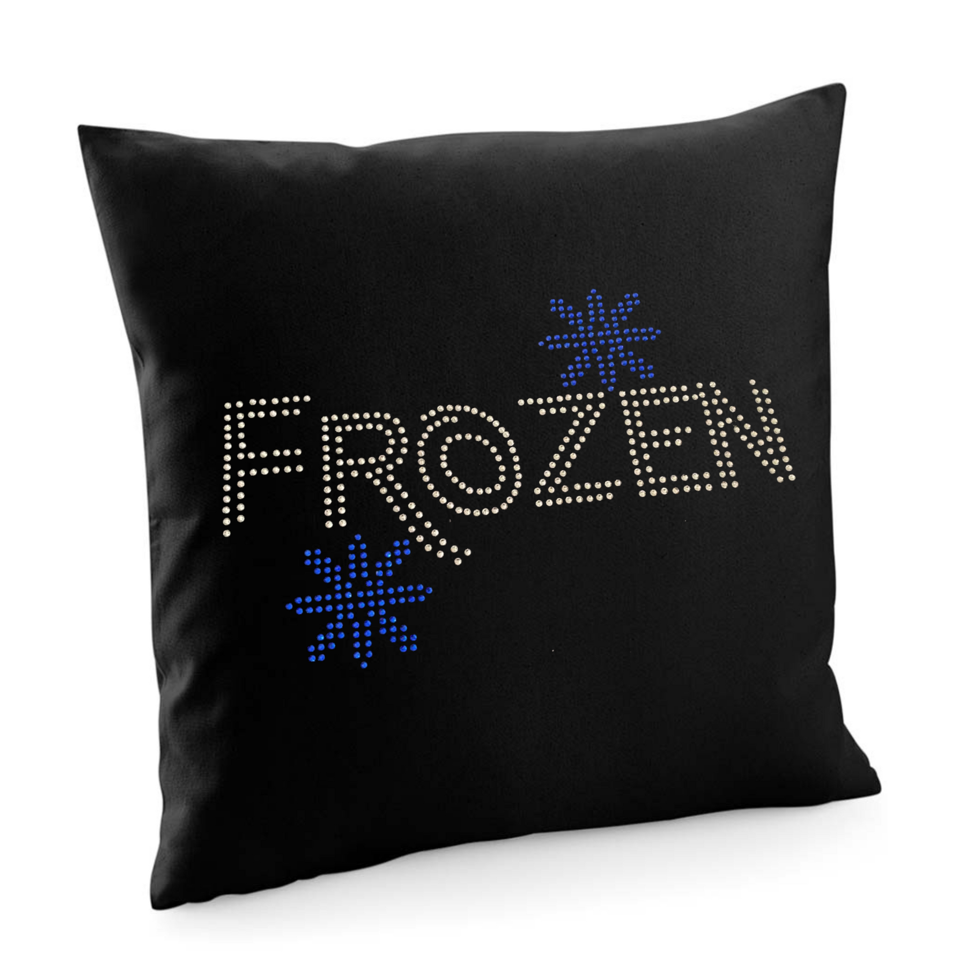 BLACK COTTON CUSHION COVER WITH FROZEN LETTERING, WITH BLUE SNOWFLAKE ABOVE THE Z AND BELOW THE R.
THE DESIGN IS MADE UP OF HOT FIX RHINESTONES THAT HEAT PRESSED AND CATCH THE LIGHT BEAUTIFULLY