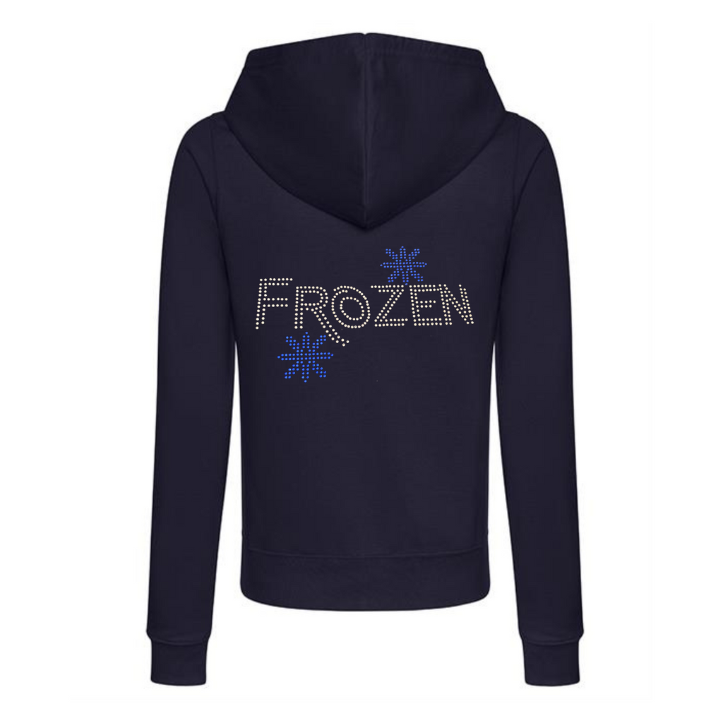 Navy zip up hoodie with FROZEN LETTERING WITH TWO BLUE SNOWFLAKES SET ABOVE THE Z AND BELOW R. THE DESIGN IS MADE UP OF HOT FIX RHINESTONES THAT HEAT PRESSED AND CATCH THE LIGHT BEAUTIFULLY