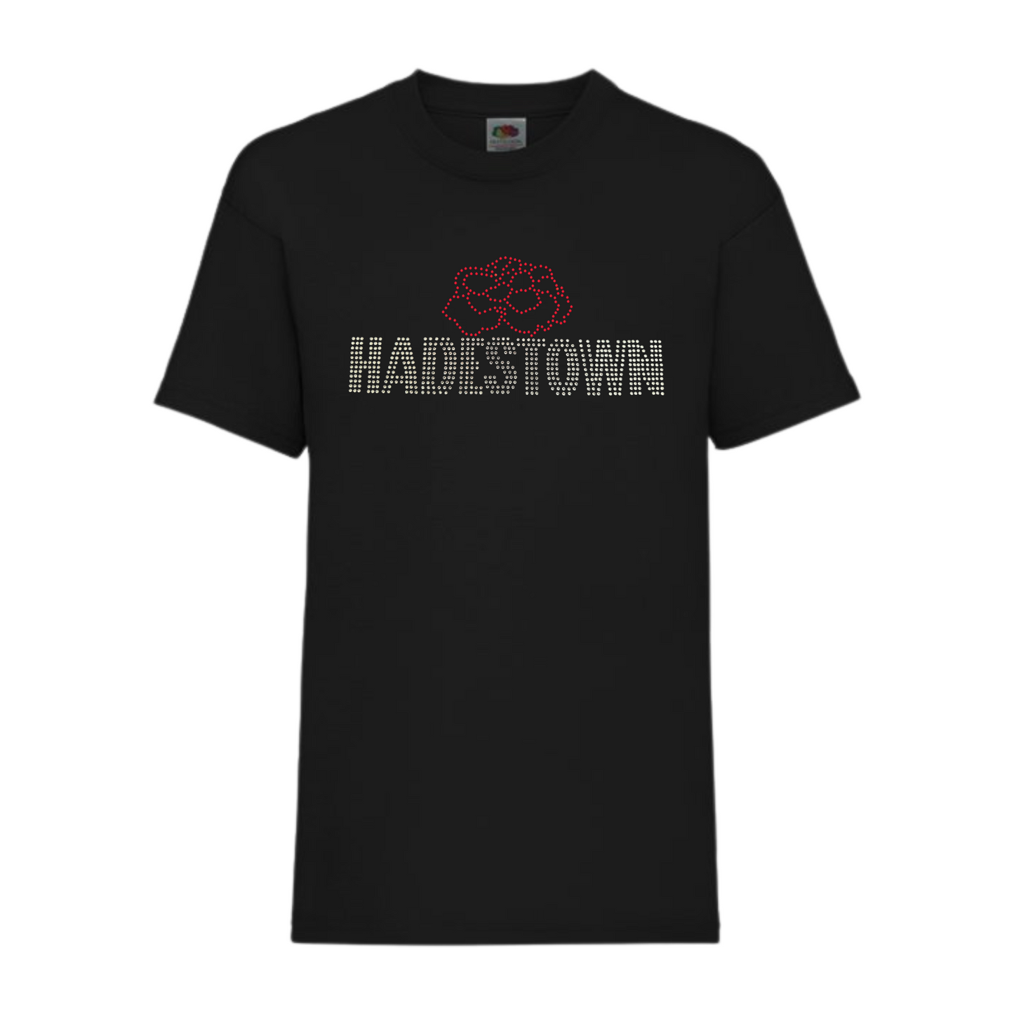 Black cotton short sleeve t shirt with silver HADESTOWN lettering in capitals, there is then a red carnation flower design resting on the middle of the lettering
The design is made up of sparkling rhinestones that catch the light.