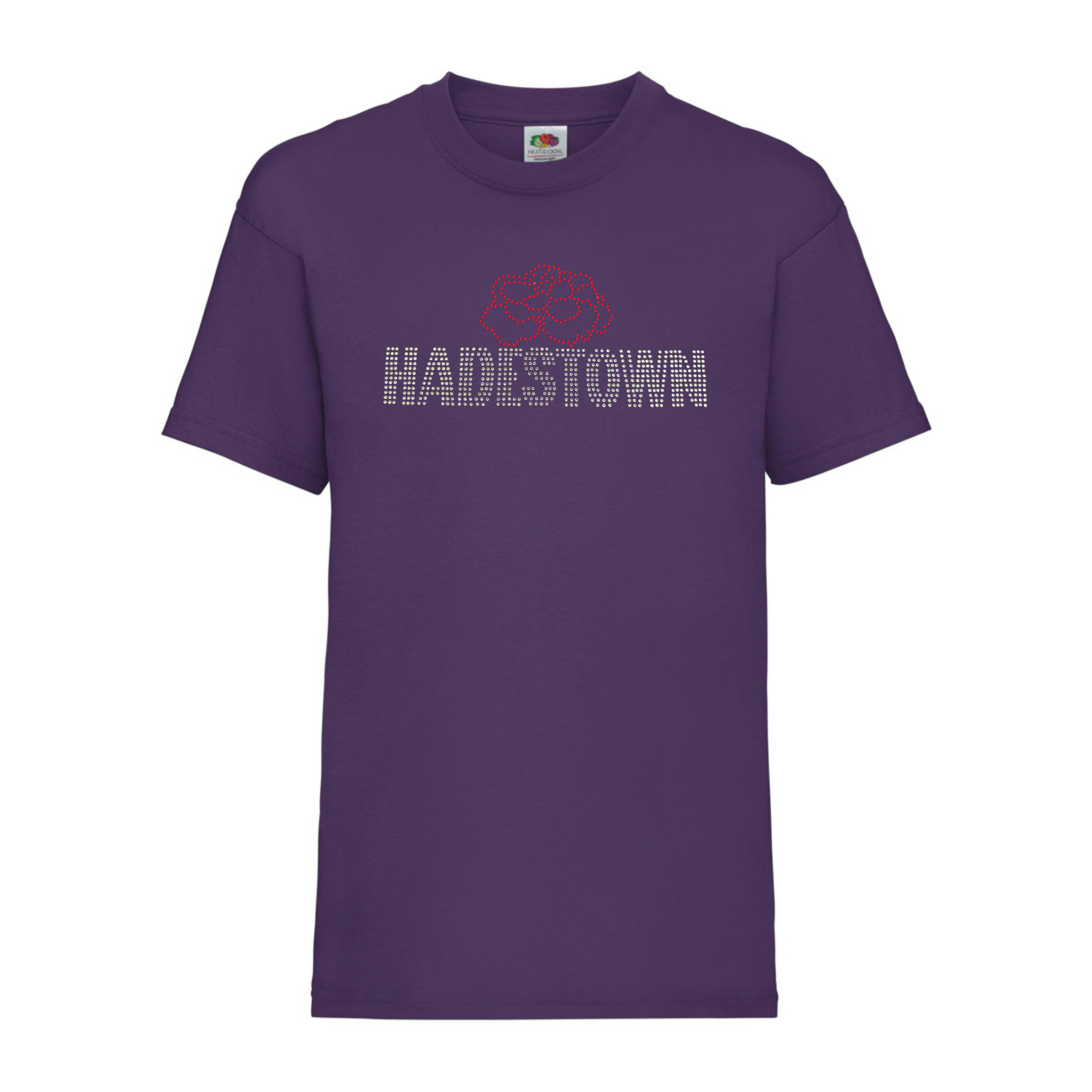 Purple cotton short sleeve t shirt with silver HADESTOWN lettering in capitals, there is then a red carnation flower design resting on the middle of the lettering
The design is made up of sparkling rhinestones that catch the light.