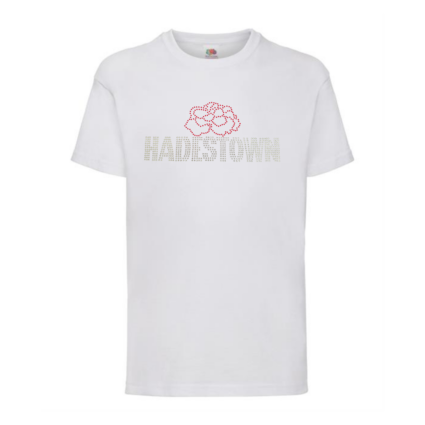 White cotton short sleeve t shirt with silver HADESTOWN lettering in capitals, there is then a red carnation flower design resting on the middle of the lettering
The design is made up of sparkling rhinestones that catch the light.