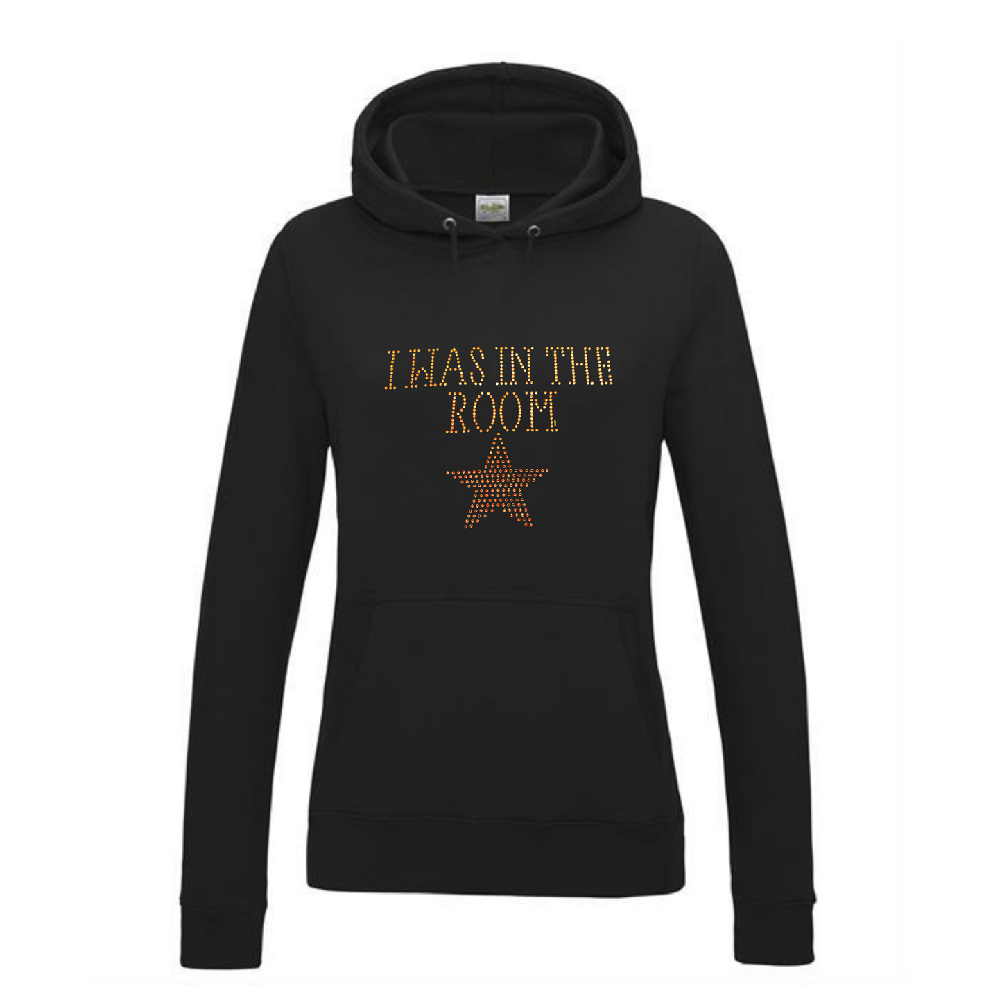 Black pullover hoodie with I WAS IN THE ROOM spelt out and a gold star underneath. The design is placed on the front in this image.
The hoodie has a front kangaroo pocket.
The design is made up of gold rhinestones that sparkle in the light beautifully.
