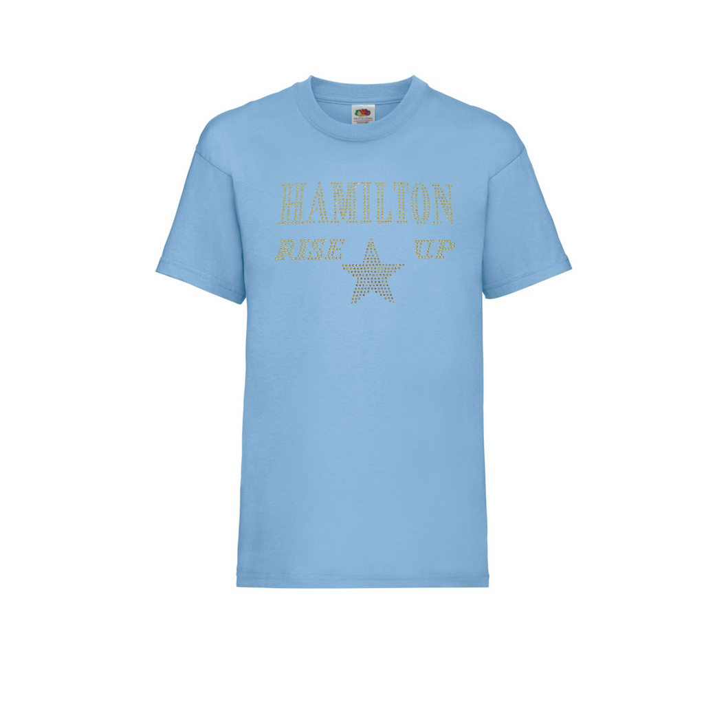 Blue cotton short sleeve t shirt with HAMILTON AND RISE UP spelt out and a gold star underneath.
The design is made up of gold rhinestones that sparkle in the light beautifully.

